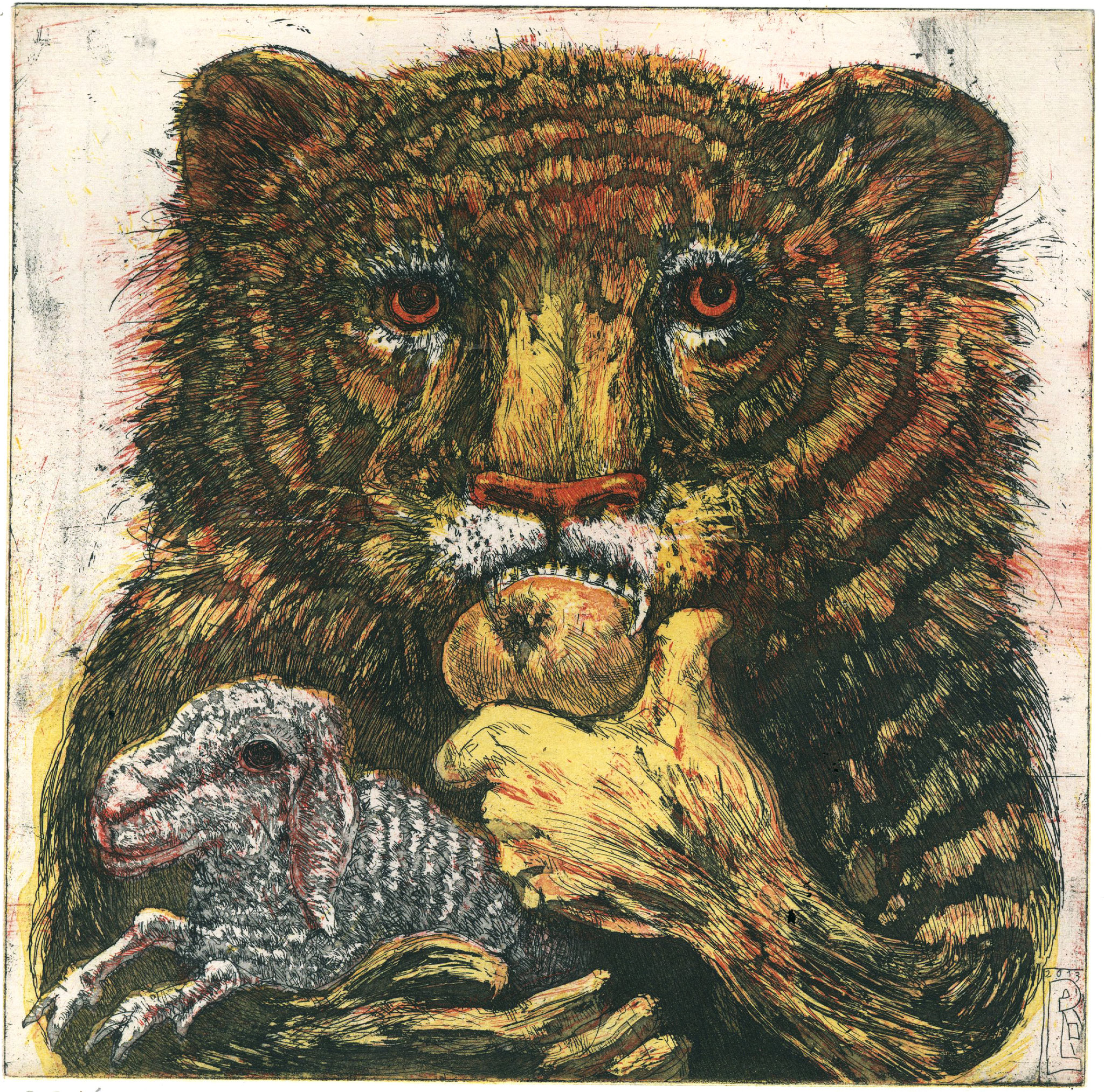 Rainer Ehrt, Tiger und Lamm, 2019, Farbaquatinta -Radierung