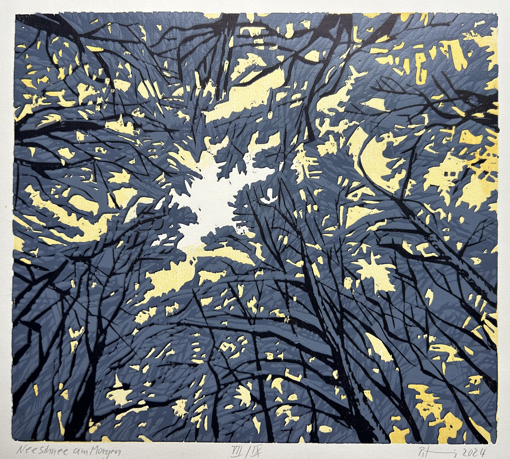 Peter Zaumseil, Neuschnee am Morgen, 2024, Farbholzschnitt