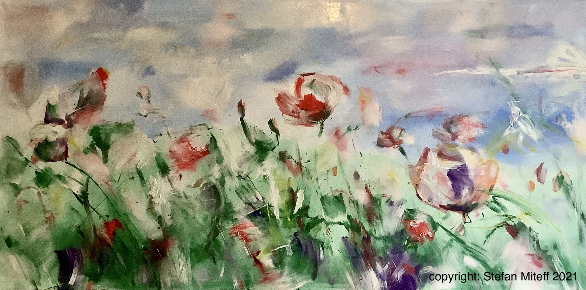 "Wiese mit Klatschmohn", 100cm x 200cm, Mixed Media On Canvas,