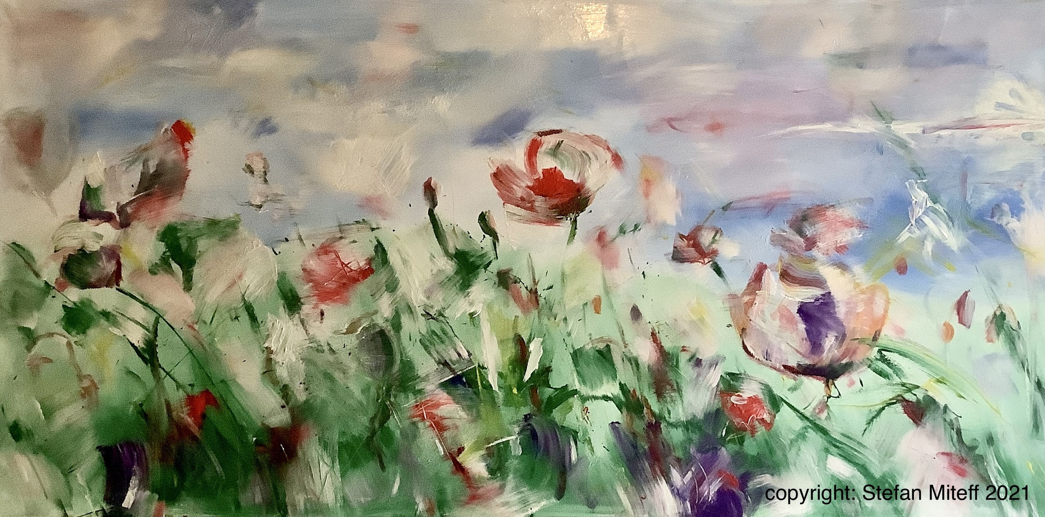 "Wiese mit Klatschmohn", 100cm x 200cm, Mixed Media On Canvas,