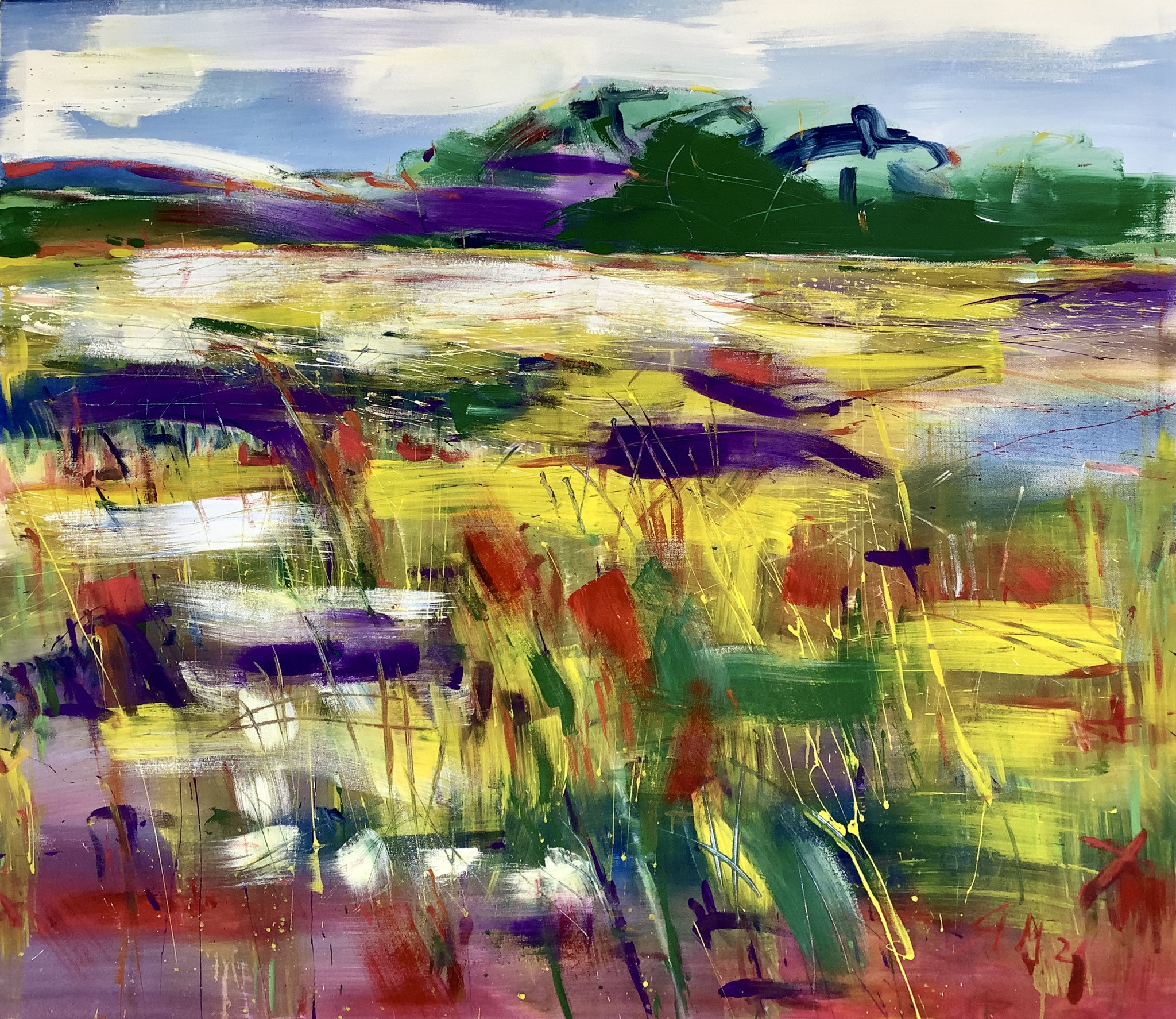 "Landschaft mit Wildblumenfeld", 119cm x 139cm, Mixed Media On Canvas, 