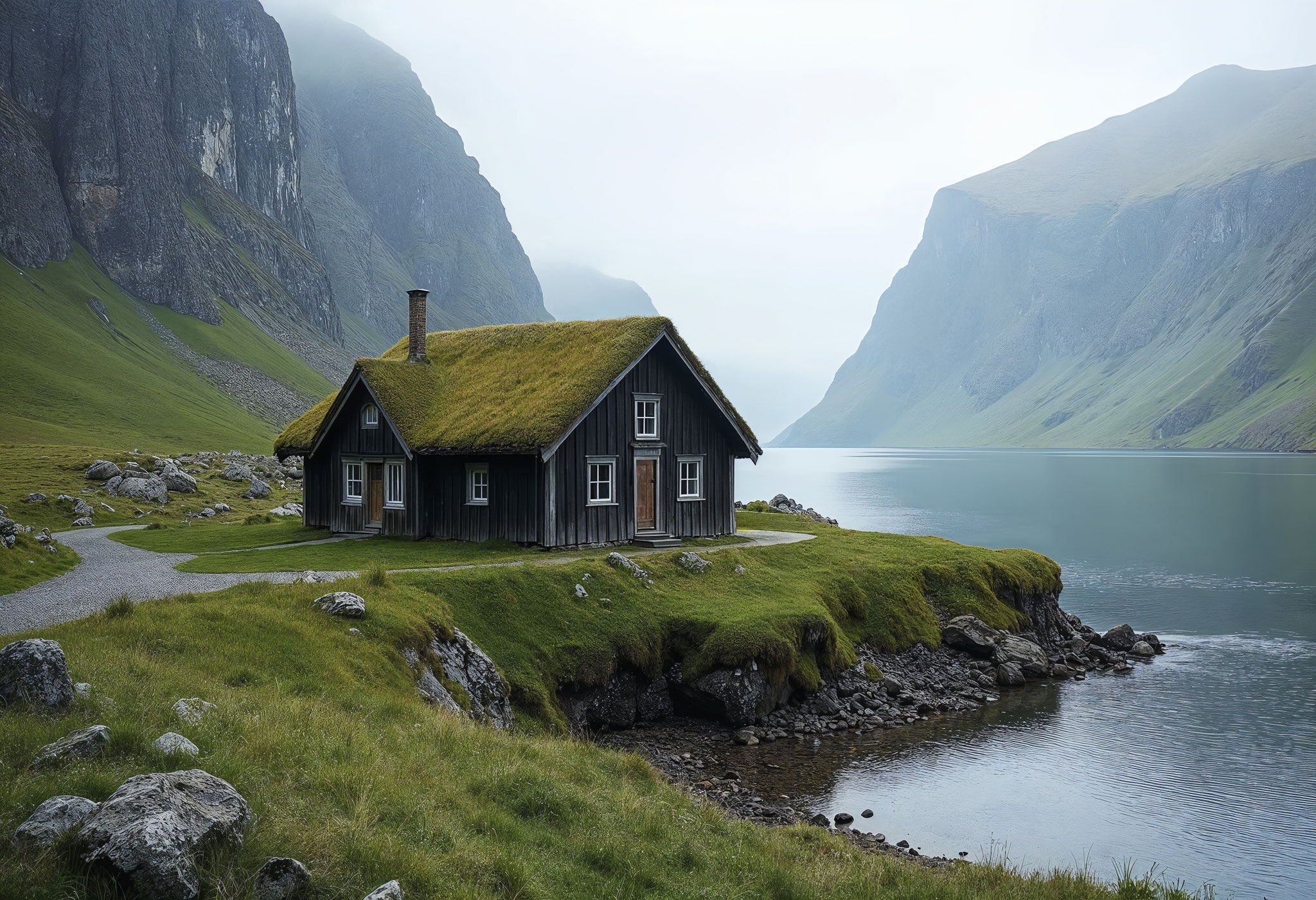 Bikepacking Norwegen - Bikepacking Norwegen Landschaft mit traditioneller Hütte am Fjord zwischen Bergen – Naturerlebnis auf Gravelreise