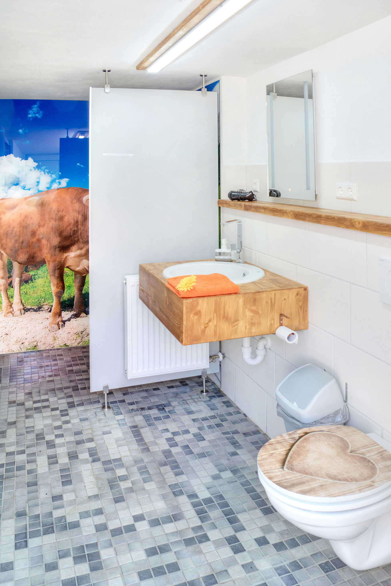 badezimmer vom Wohnmobilstellplatz mit freiem zugang zur Dusche mit Kuhmotiv