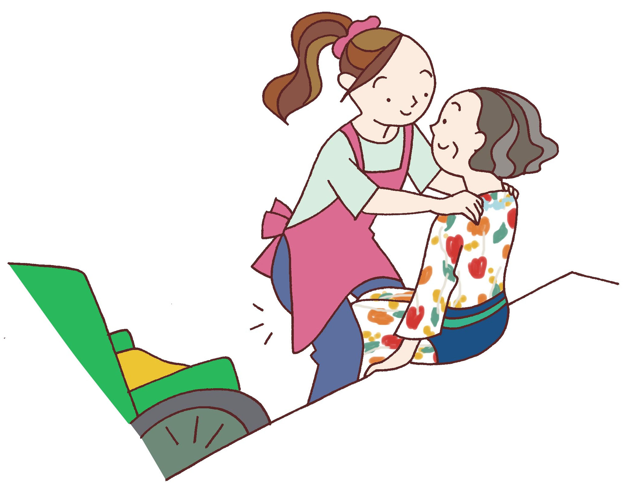 車椅子はベッドから20~30°の角度で配置しロックを掛ける。座面の高さを合わせる。介助者はこれから一緒に移乗を行うことを伝えます。