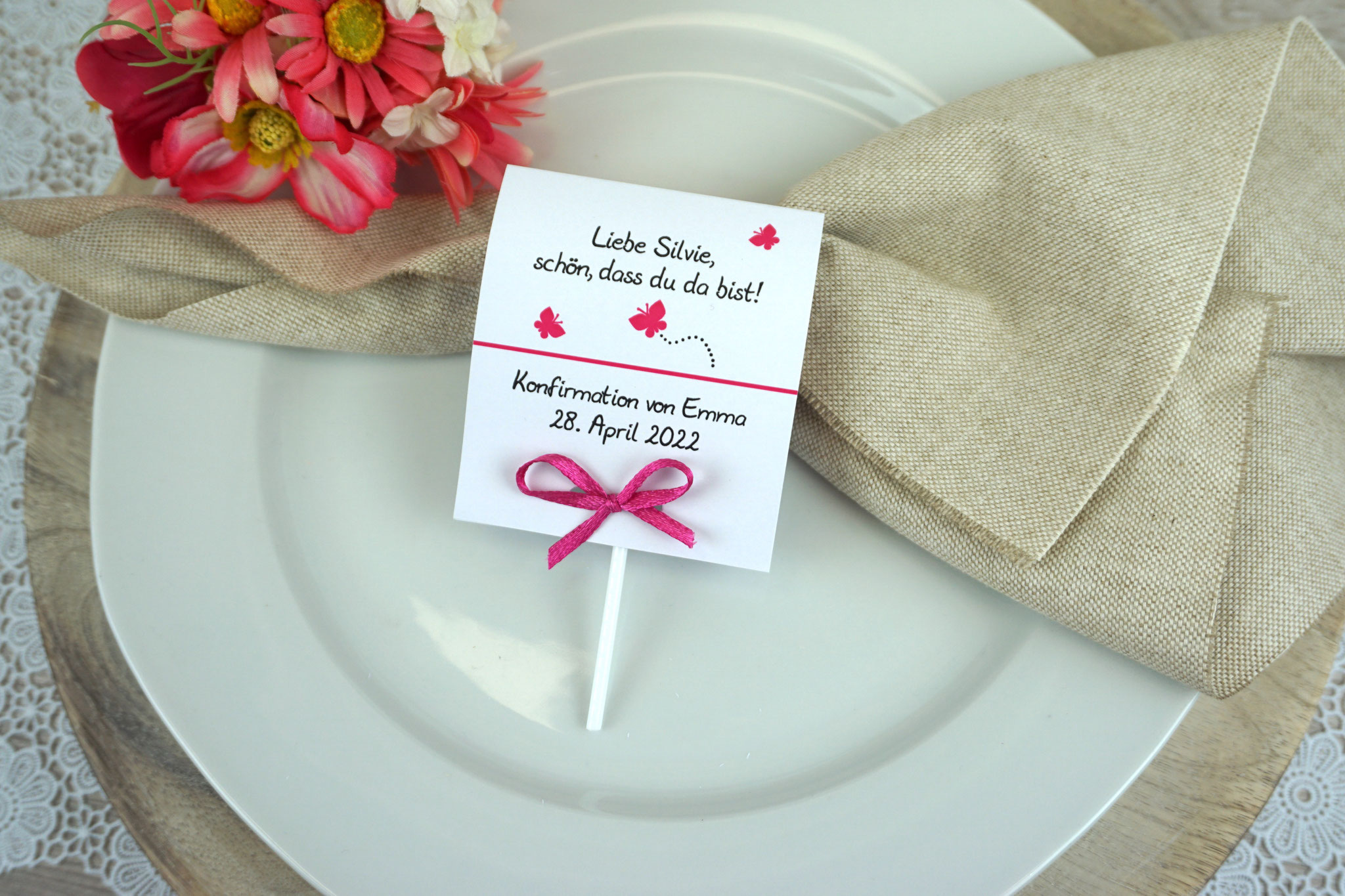 Lutscherkarte Design Schmetterlinge Farbe Pink