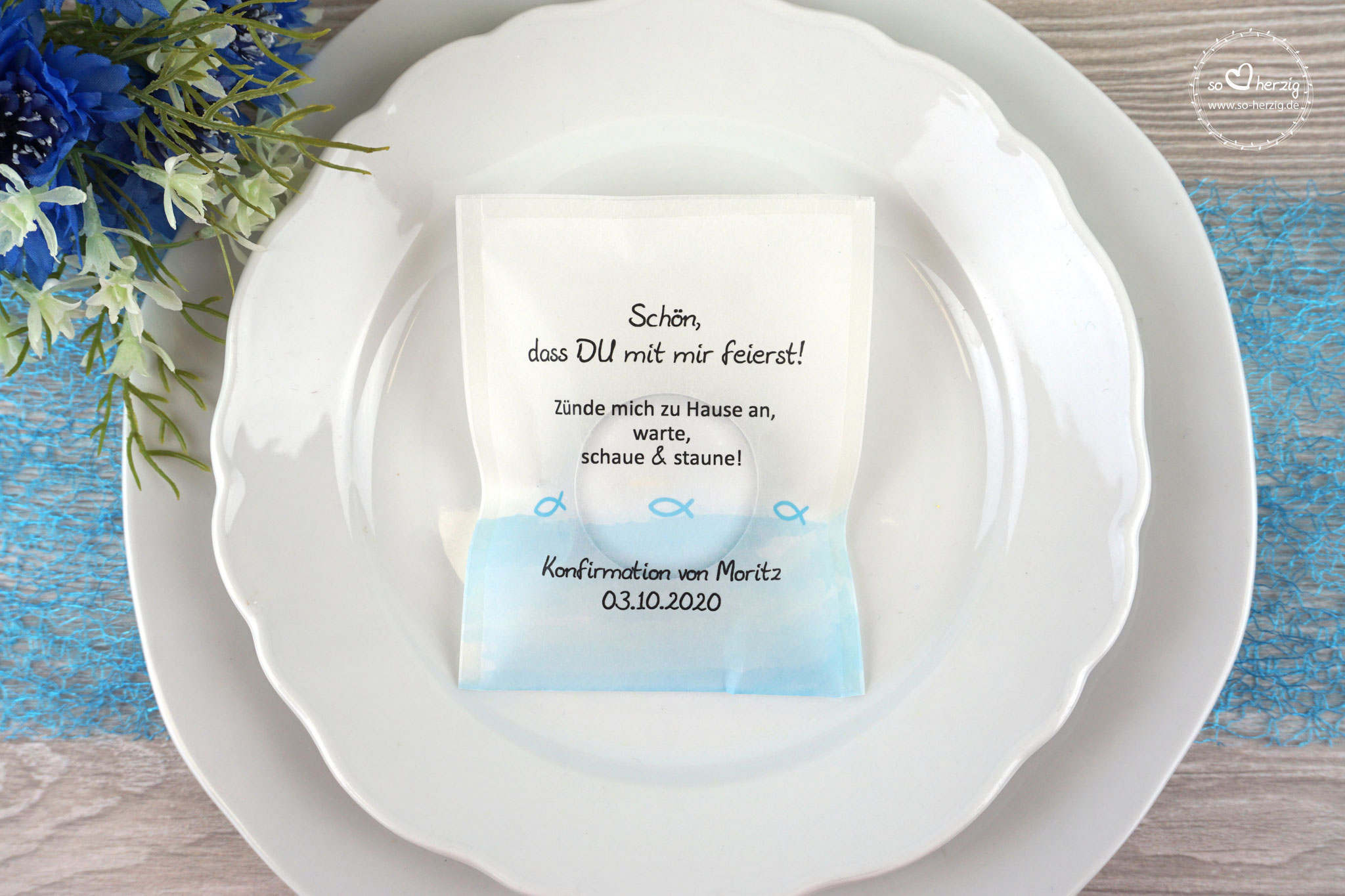Teelicht-Botschaft Design: Aquarellband/Fische Hellblau