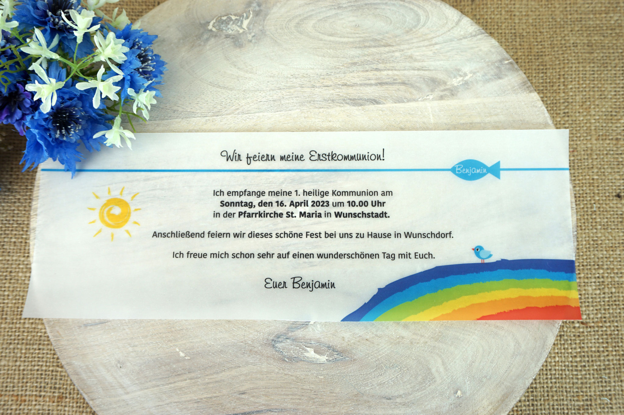 Design Regenbogen mit Vögelchen - Filz Blau - ohne Schleife - Textbeispiel
