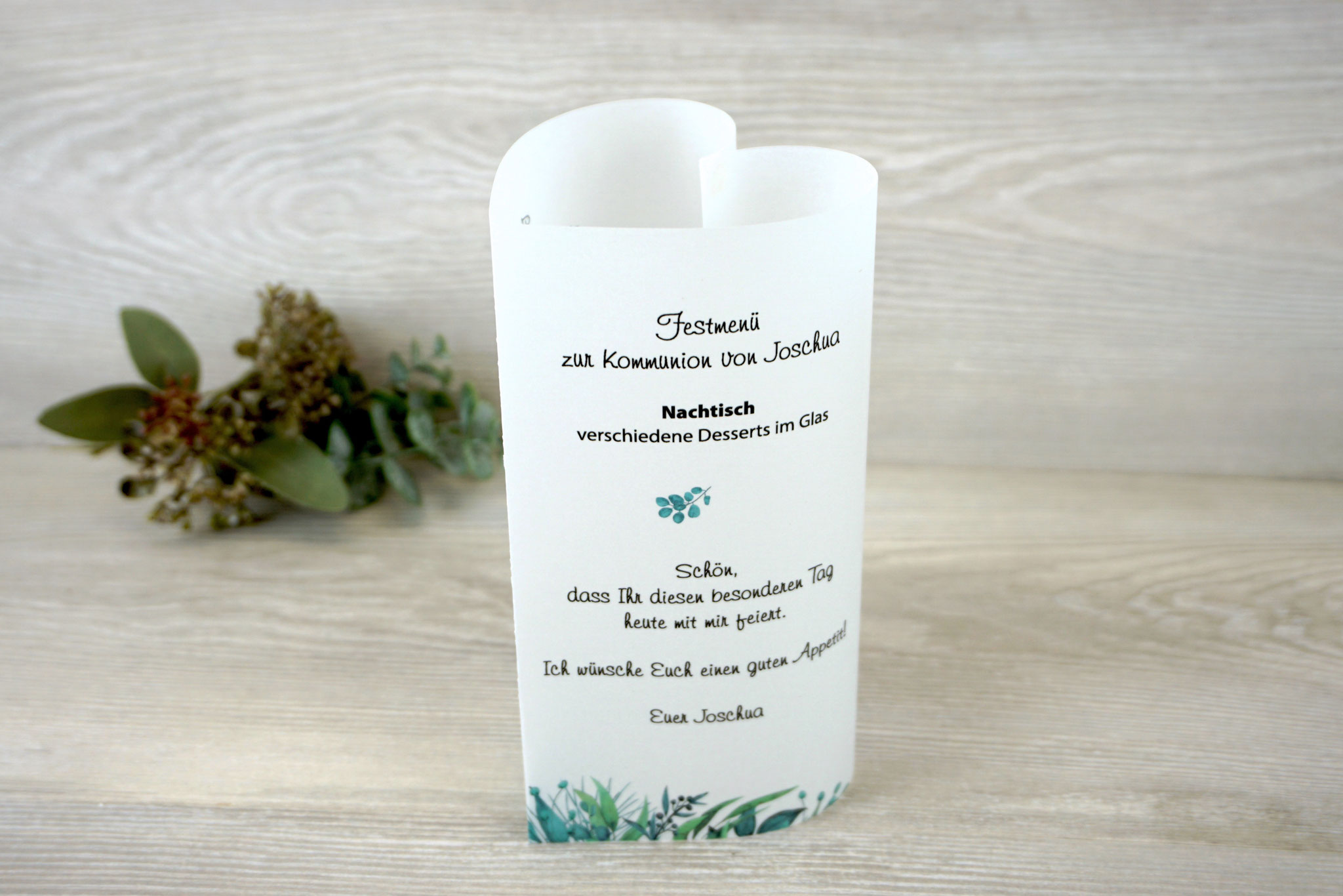 Menükarte Herzform 17cm, Design Eukalyptus-Liebe