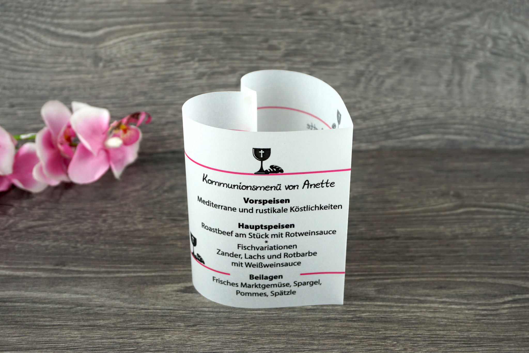 Menükarte Design Kelch/Brot, Farbe Pink 