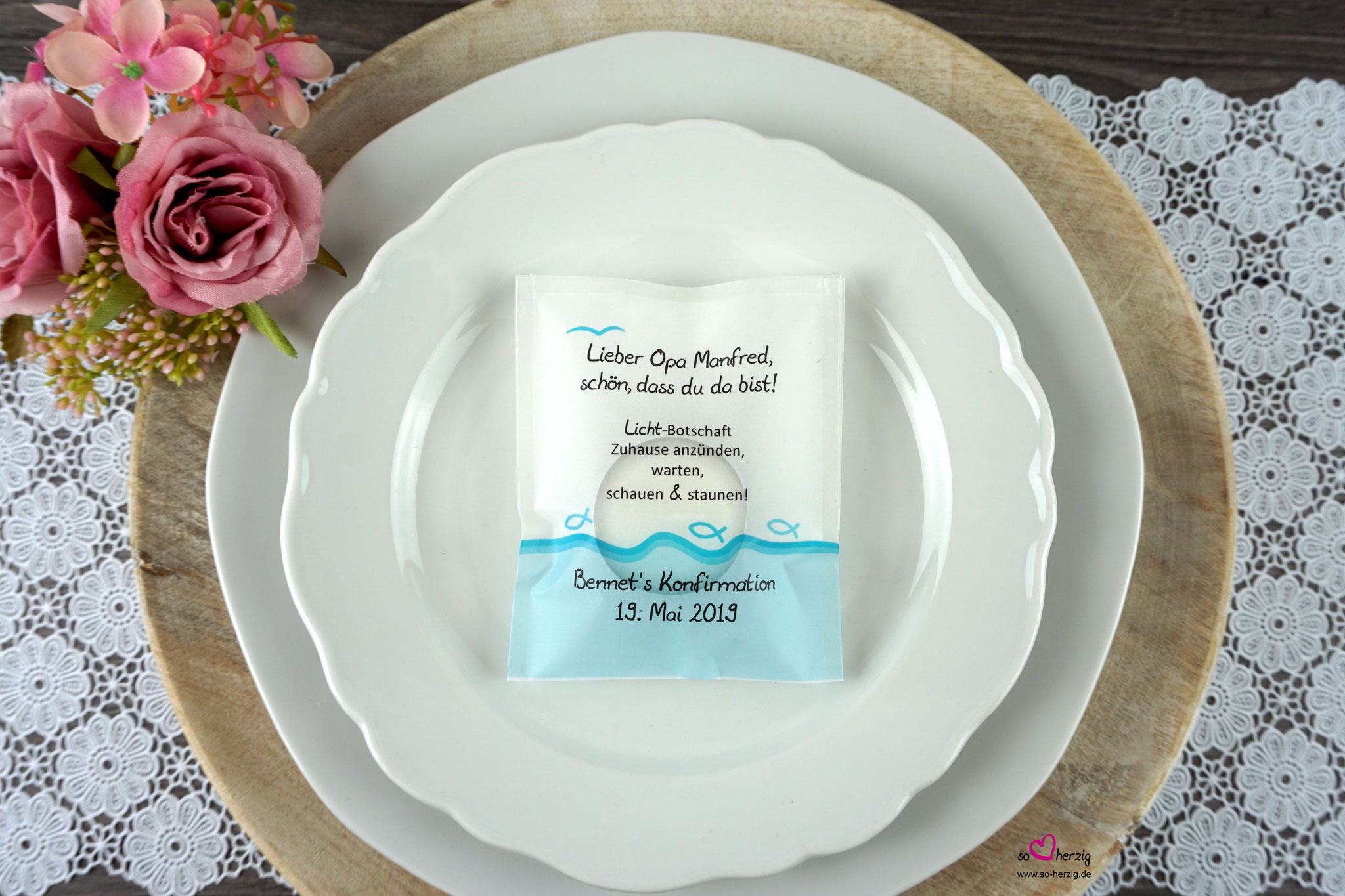 Teelicht-Botschaft  "Verpackung als Platzkarte", Design "Fisch Silhouette" Aqua