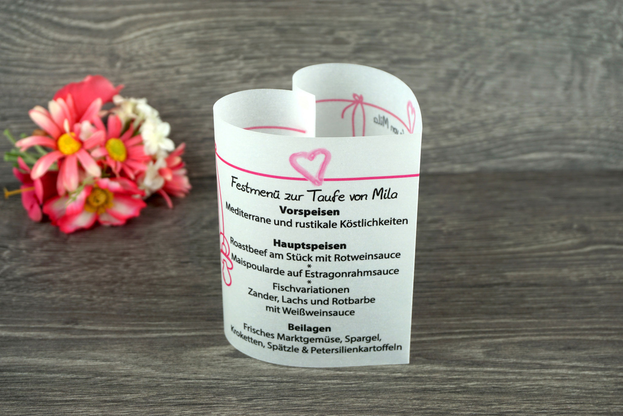 Menükarte Taufe 10,5cm, Design Aquarellherz, Farbe Pink
