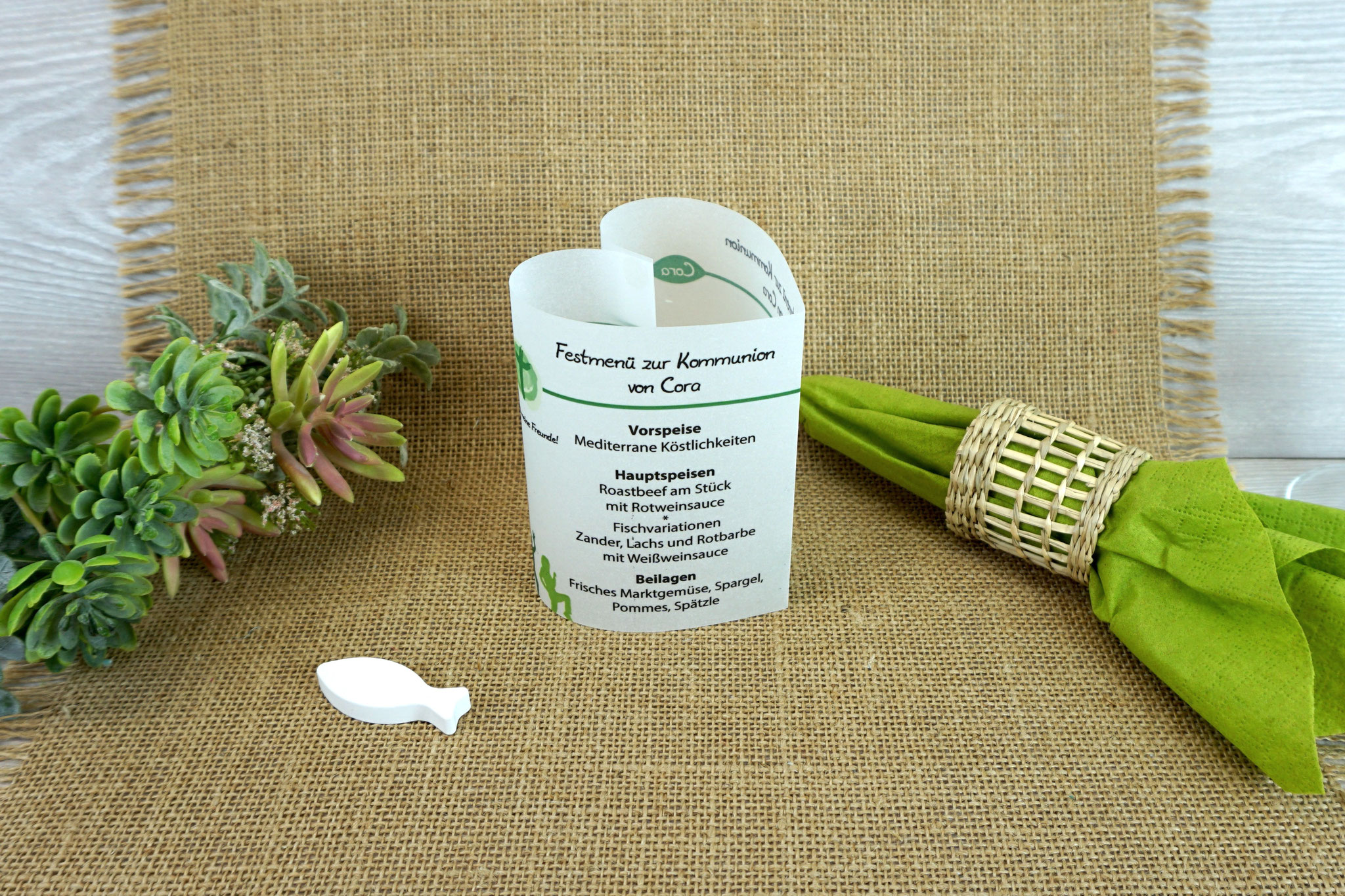 Menükarte Herzform 10,5cm, Design Ihr seid meine Freunde - Grün