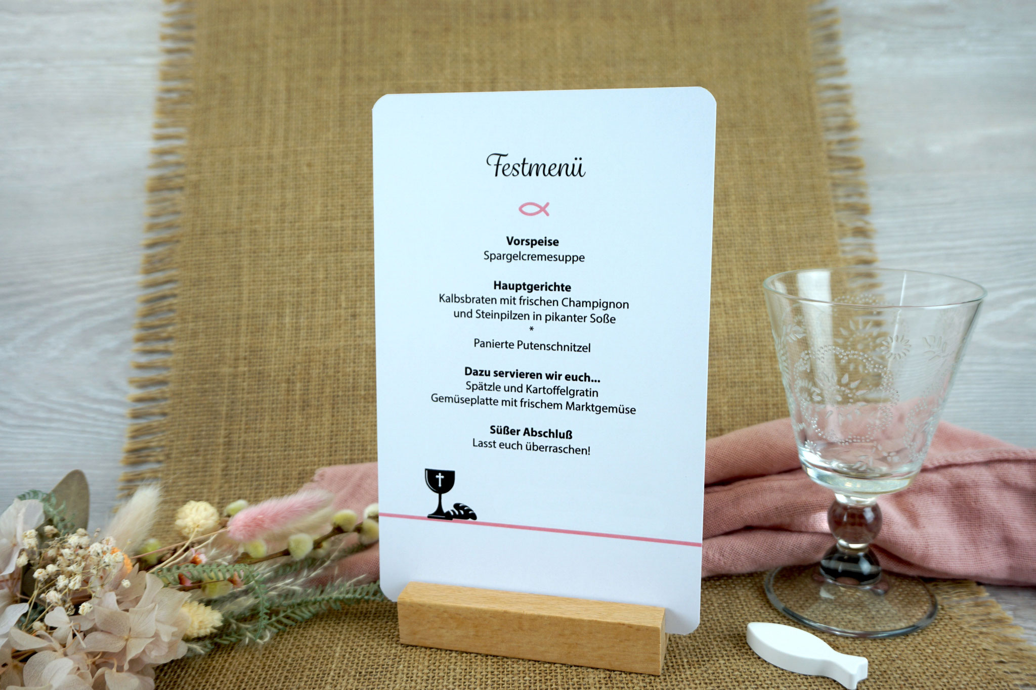 Menükarte/Tischaufsteller runde Ecken - Design Kelch/Brot - Rosa