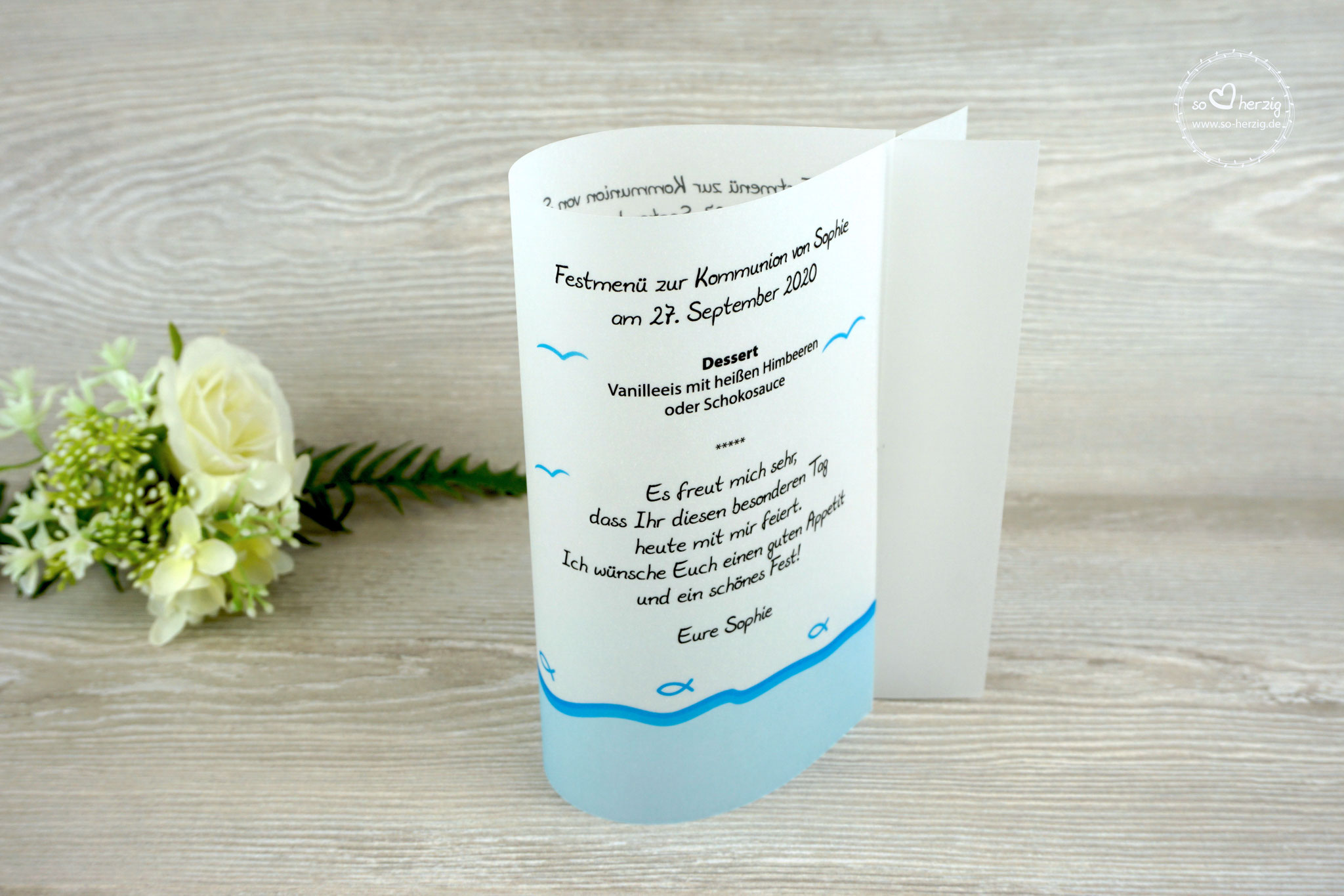 Menükarte Fischform, Design Fisch Silhouette Aqua - Sonderwunsch Möven