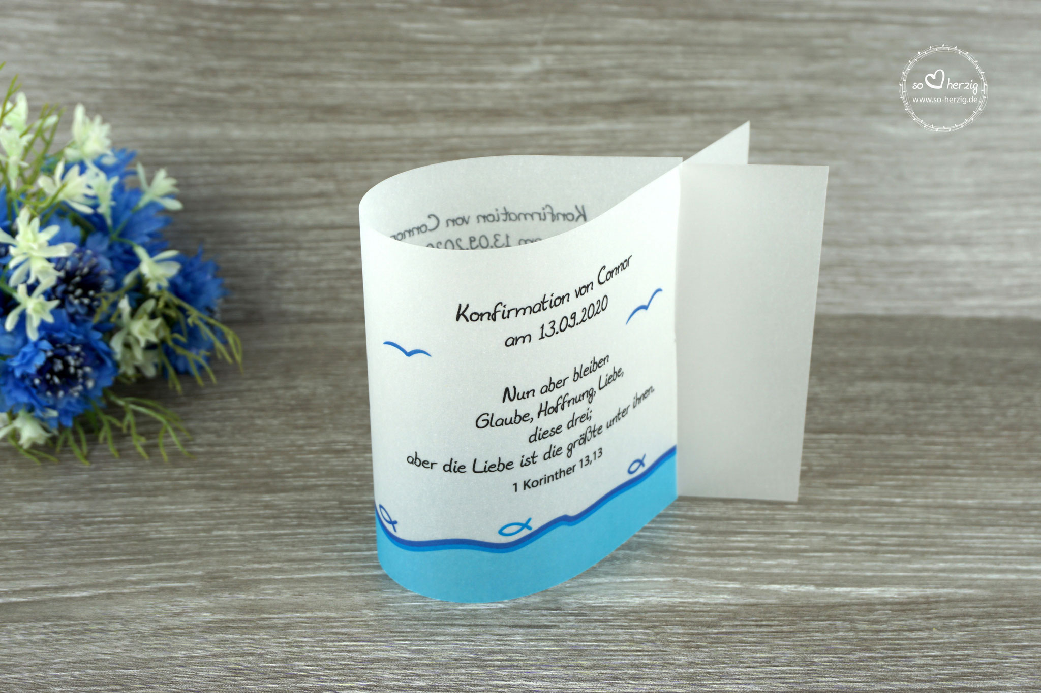 Menükarte als Lichthülle, Design Fisch Silhouette Blau - Sonderwunsch