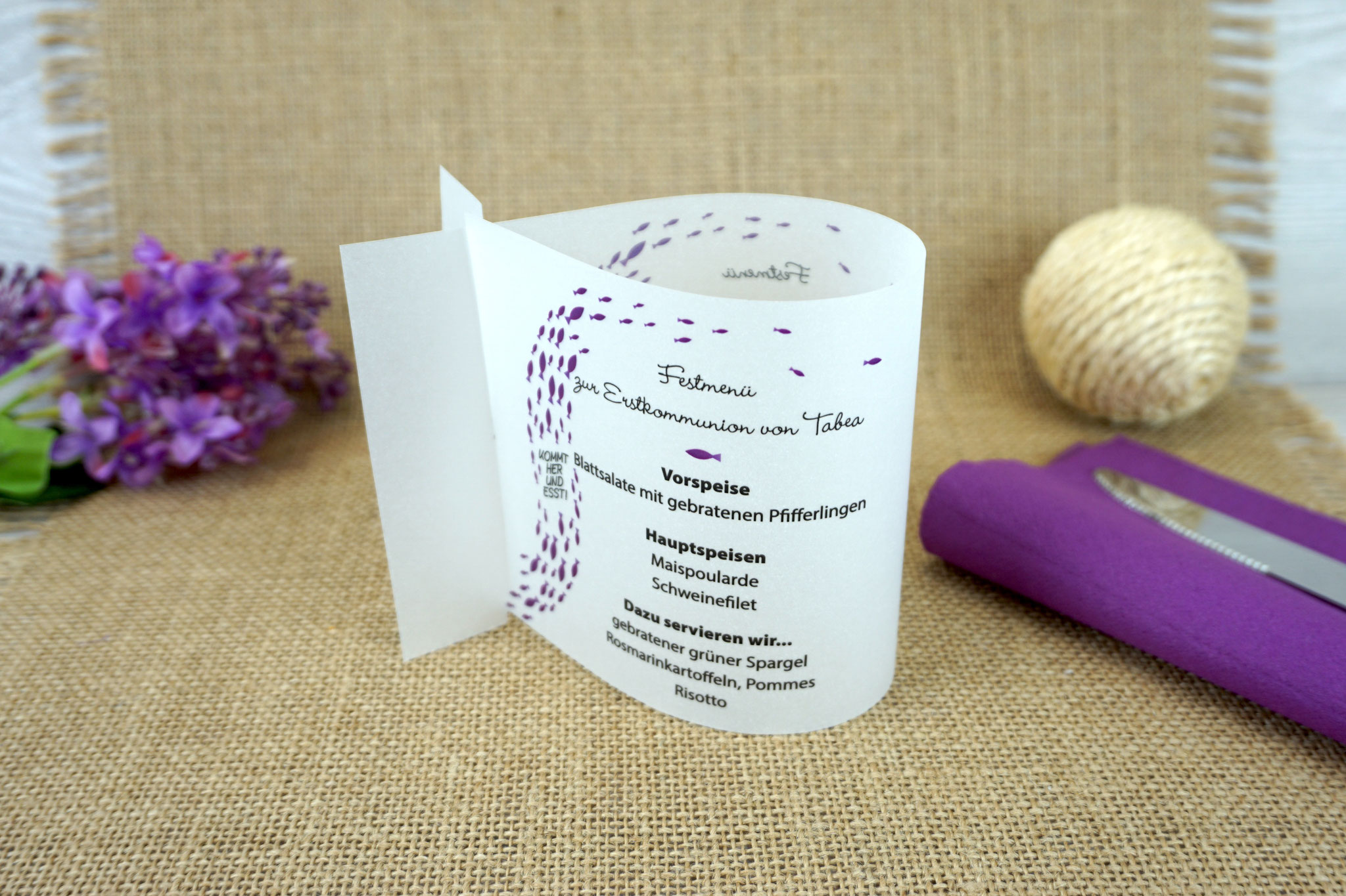 Menükarte Fischform 10,5cm, Design KommtHerUndEsst/Fische - Lila