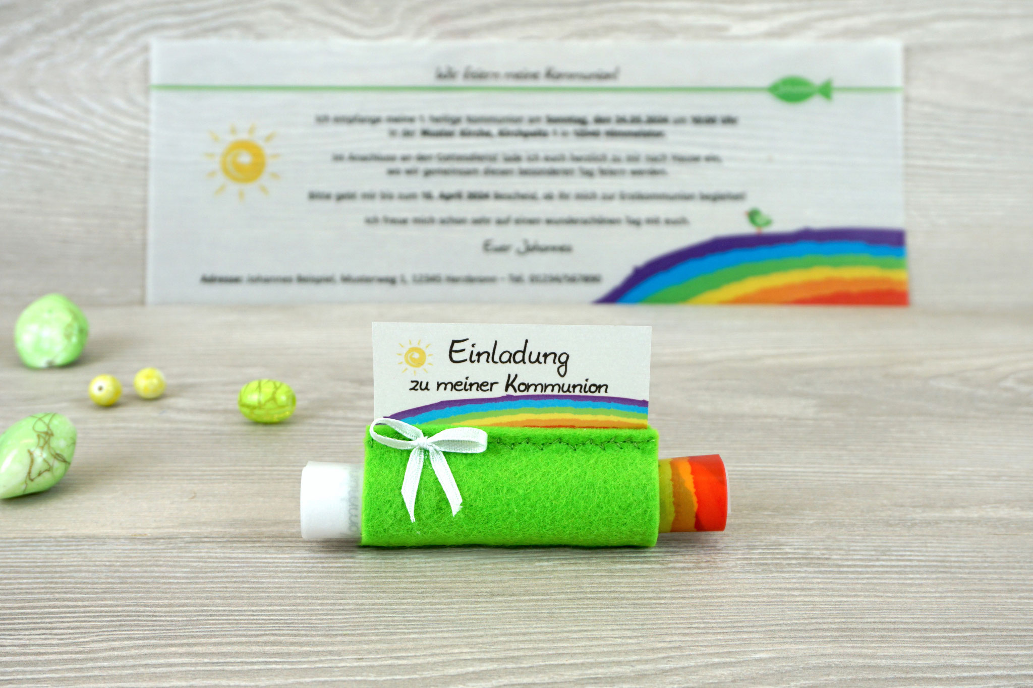 Design Regenbogen Filz Apfelgrün - mit Schleife