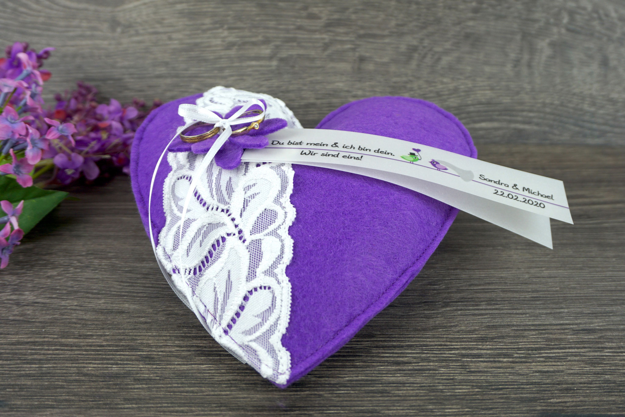 Ringkissen Herz Filz Lila - Design Hochzeitsvögel