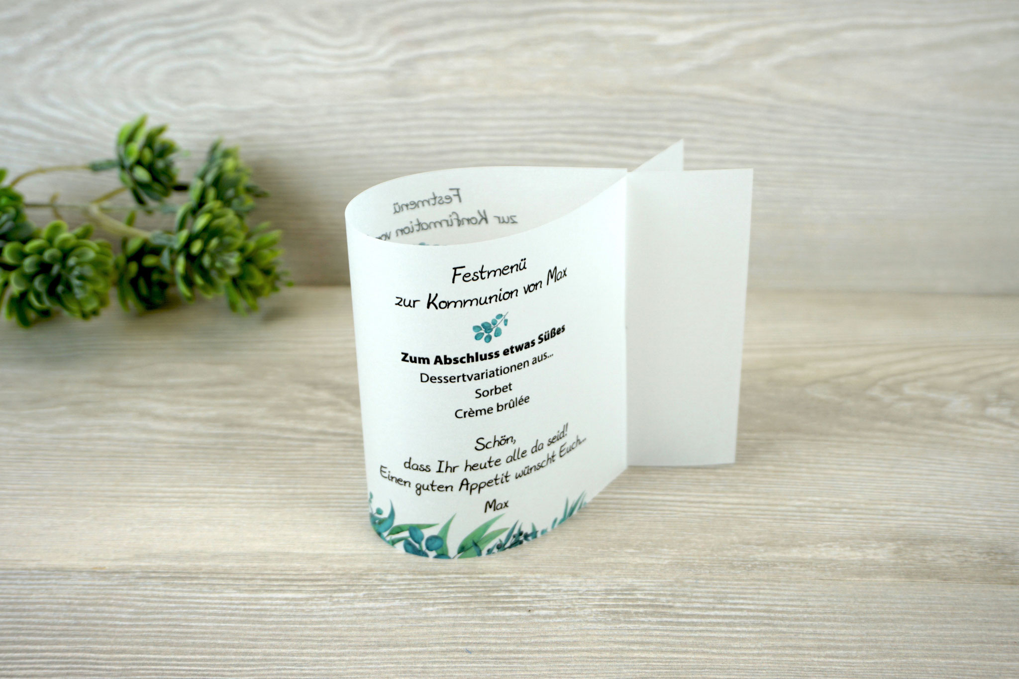 Menükarte Fischform 10,5cm, Design Eukalyptus-Liebe