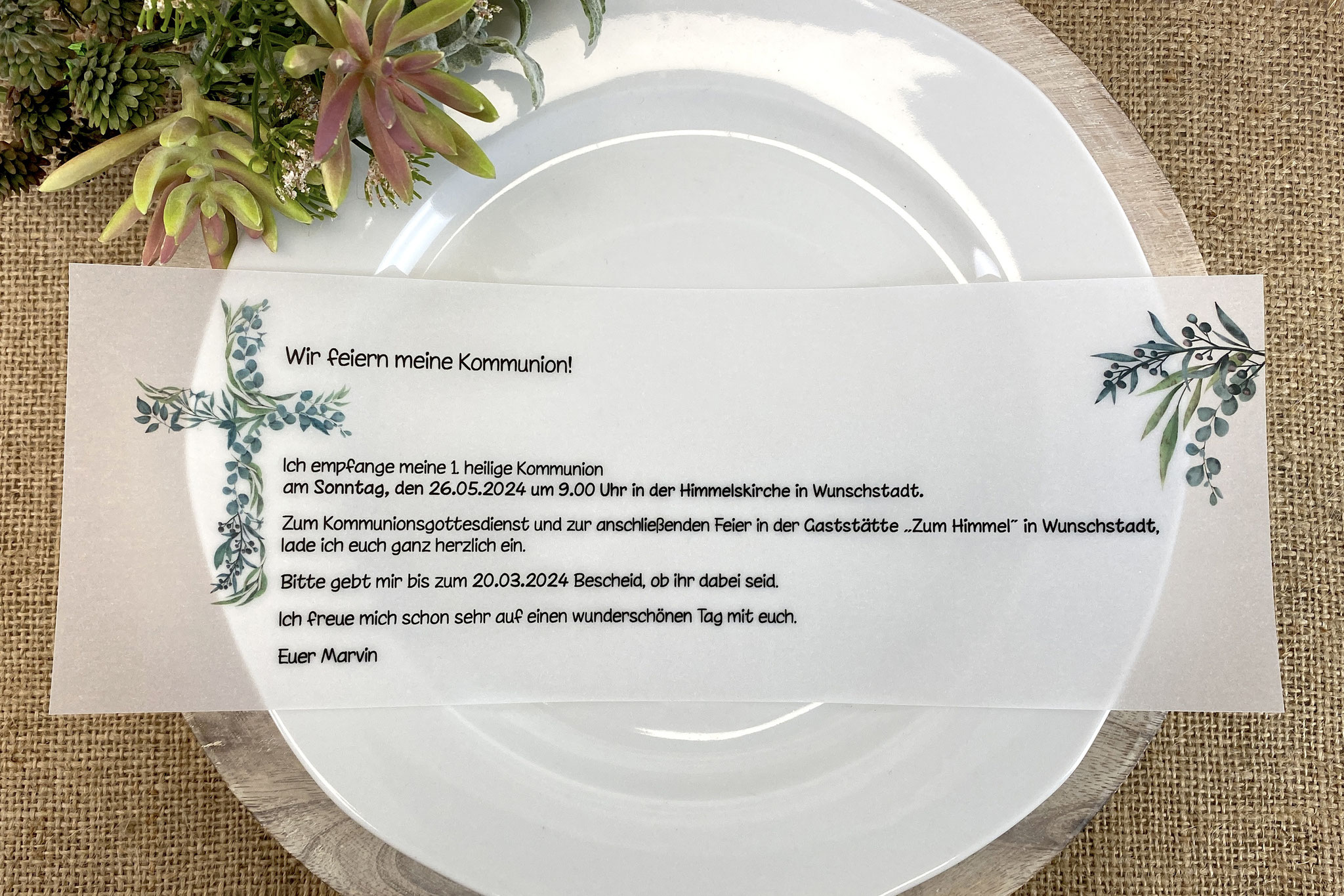  Design Eukalyptus-Kreuz - Einladungskarte Textbeispiel