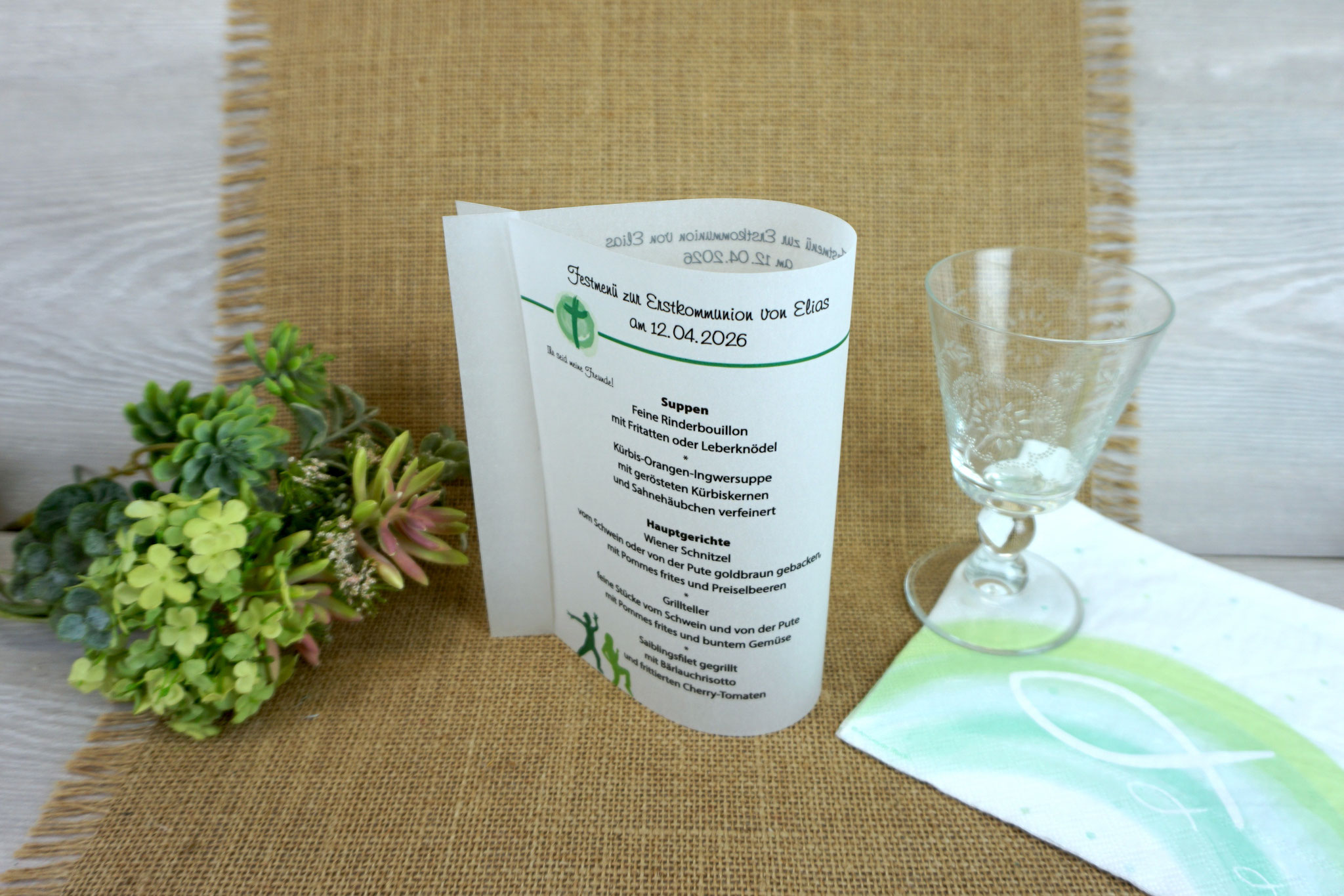 Menükarte in Fischform 17cm - Design "Ihr seid meine Freunde!" - Grün