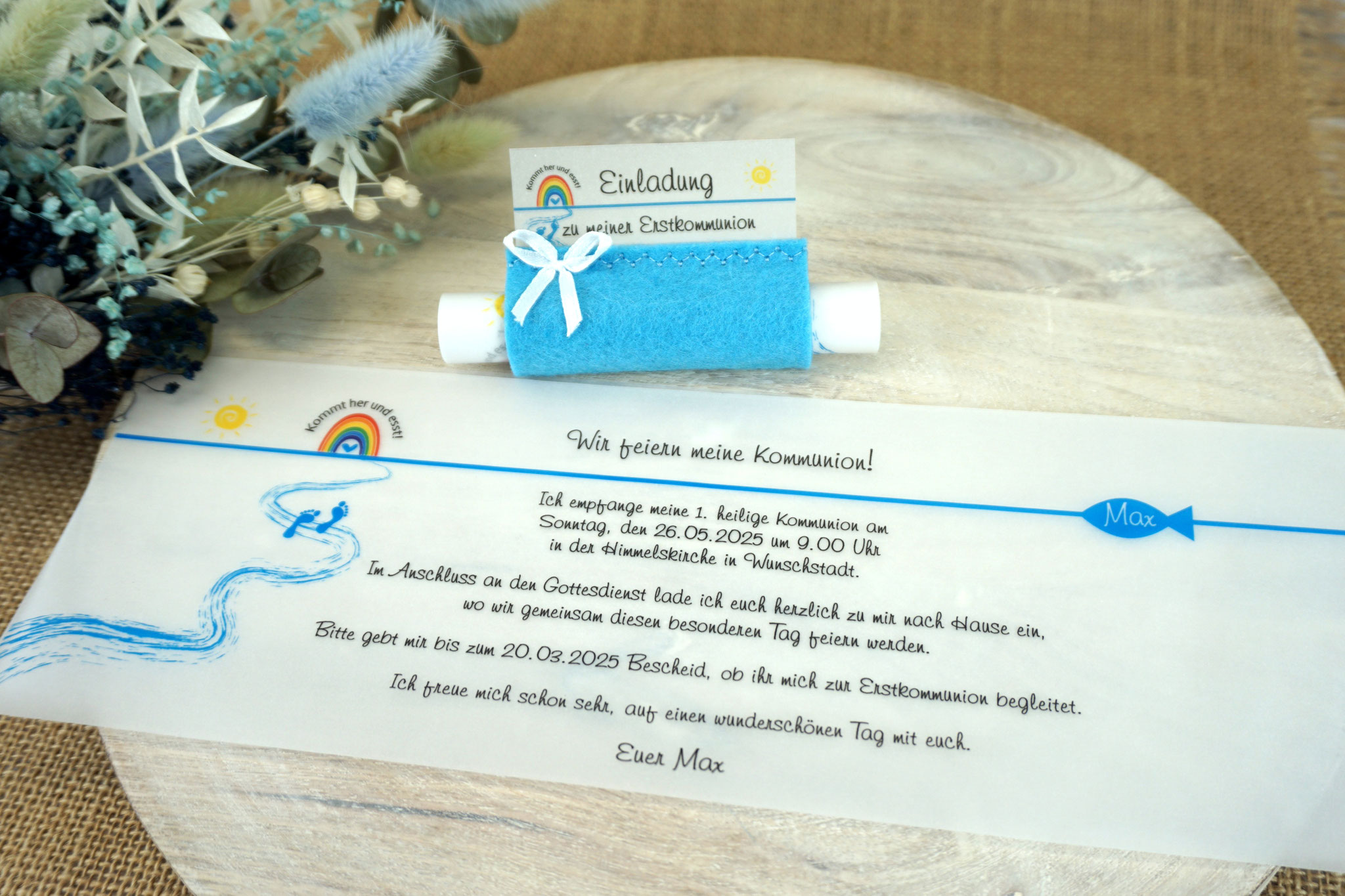 Design Kommt her und esst/Regenbogen - Filz Hellblau - mit Schleife
