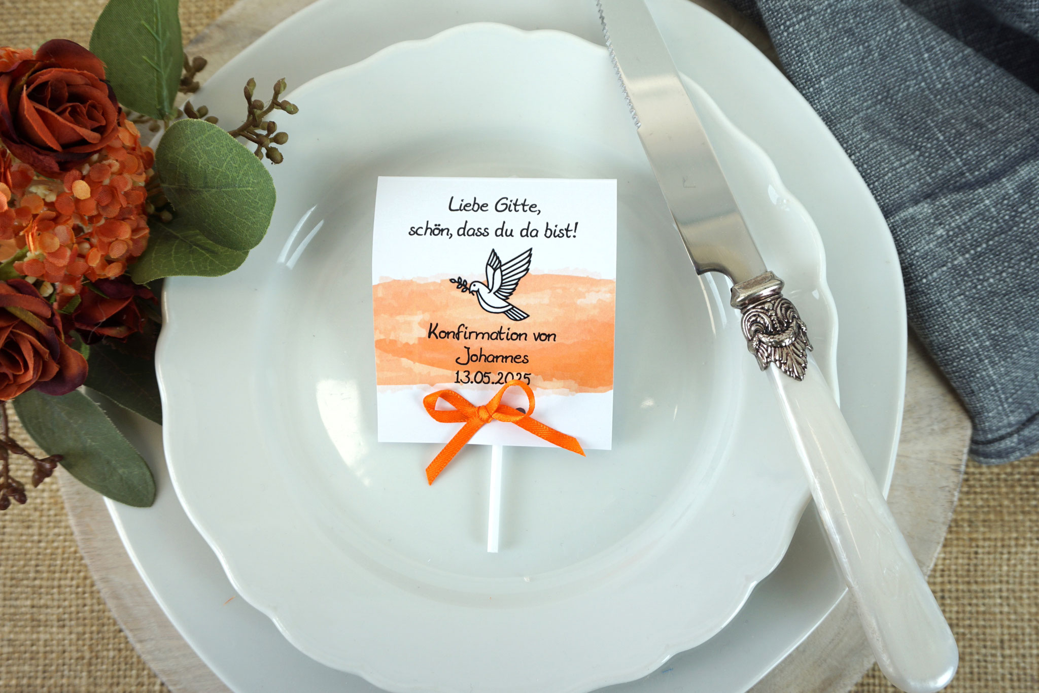 Lutscherkarte Design Taube/Aquarellband Orange- Satinband Orange