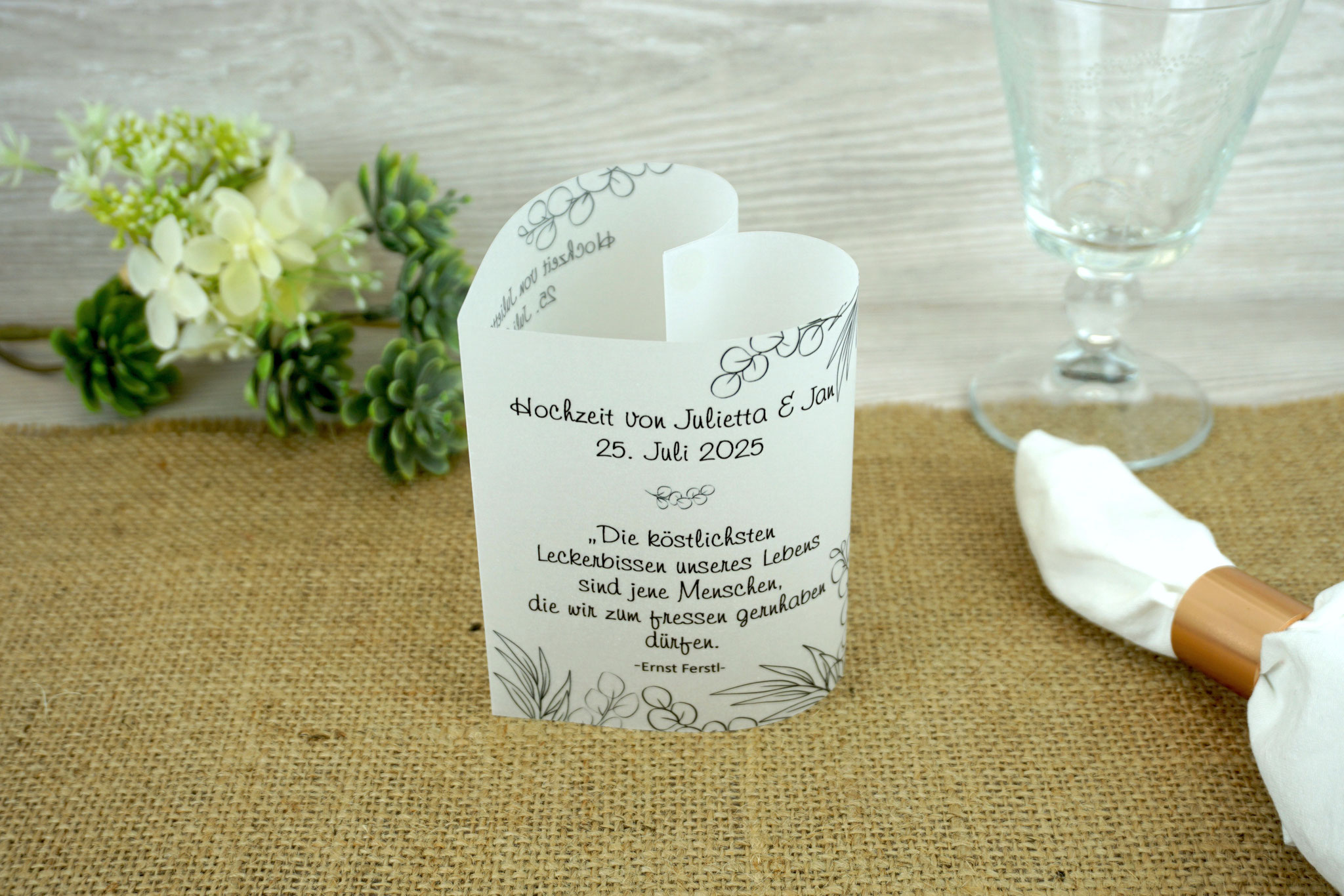 Menükarte LineArt als Lichthülle 10,5cm hoch, Schrift Freehand591 BT