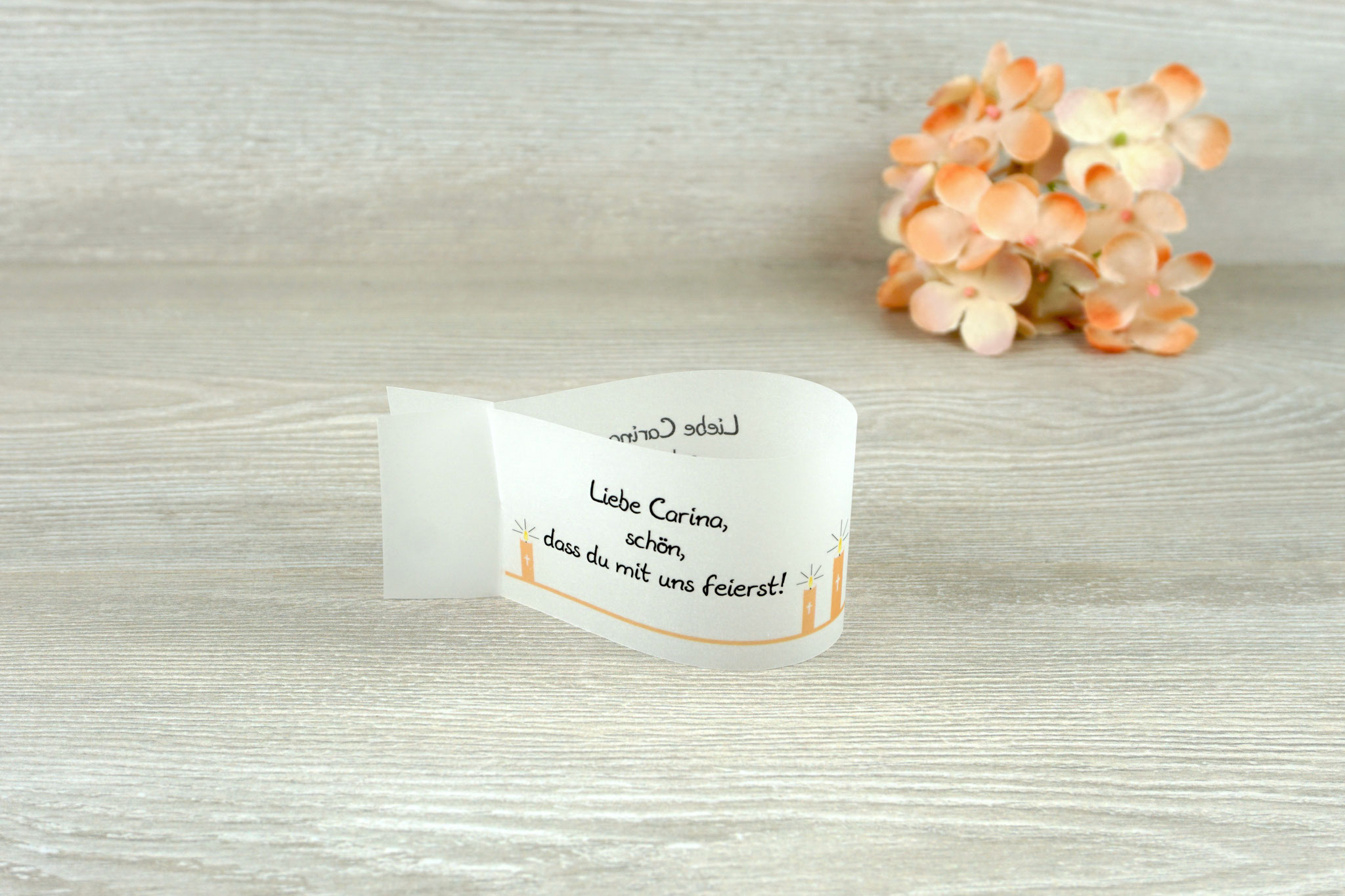 Platzkarte Fischform, Design Kerzen Apricot