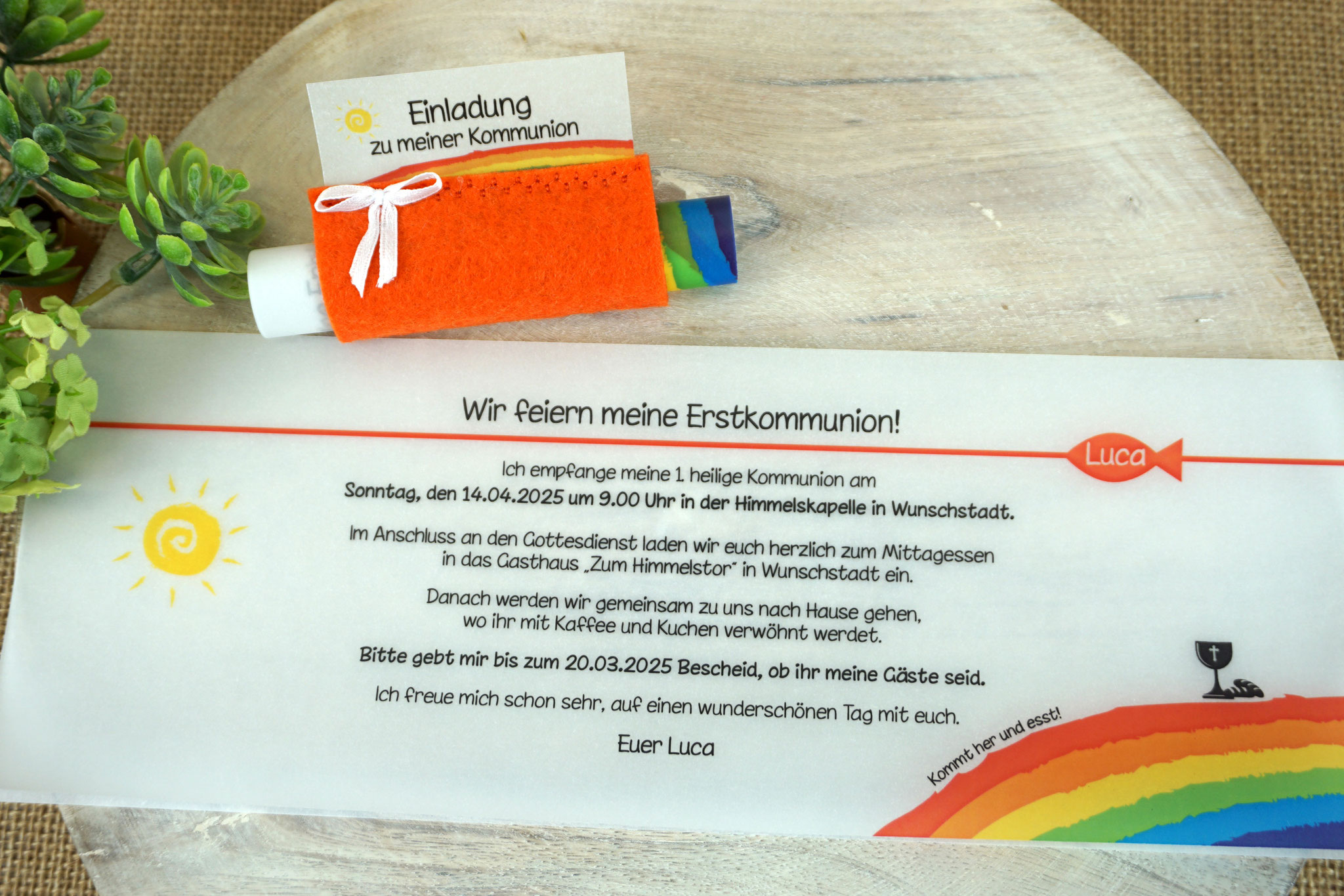 Design Regenbogen - Filz Orange - mit Schleife - Beispiel Innentext - Kommunion 2025 "Kommt her und esst!
