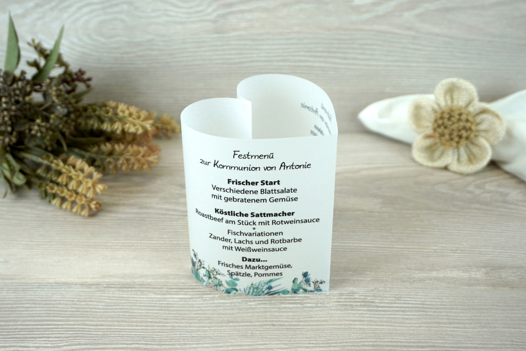 Menükarte Herzform 10,5cm, Design Boho