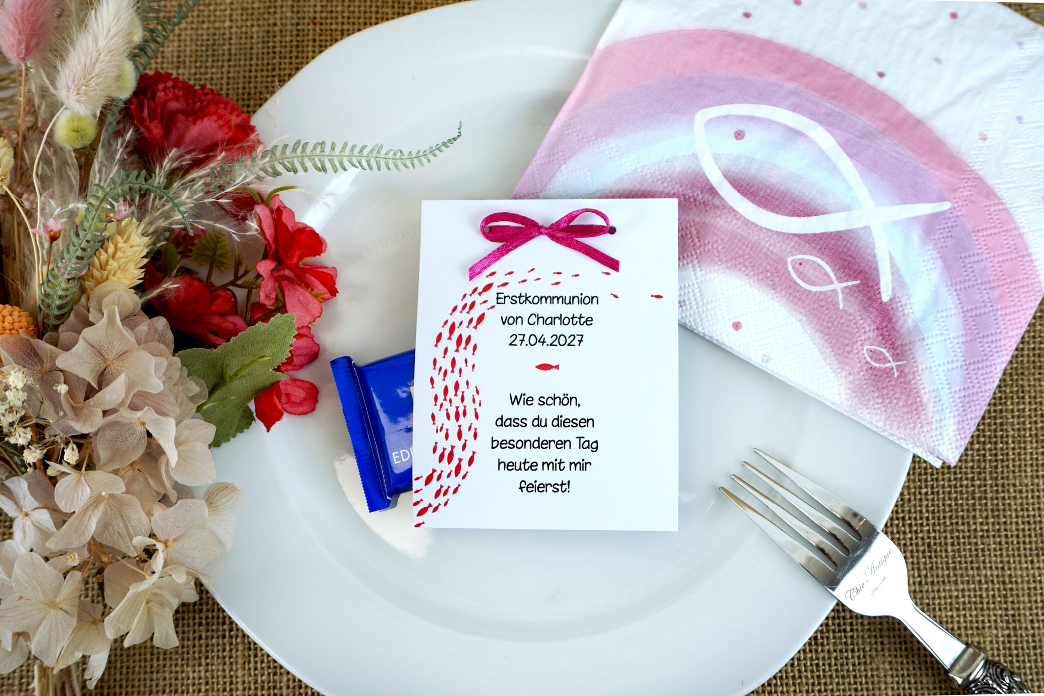 Fruchtgummikarte Design Fischschwarm Pink - mit Mini Schokolade