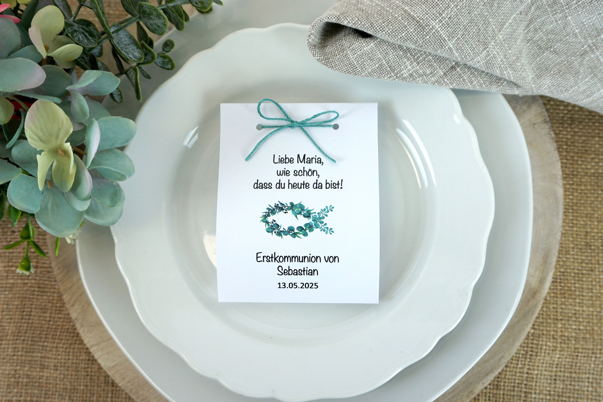 Fruchtgummikarte Design Eukalyptus-Fisch - Leinenzwirn Türkis
