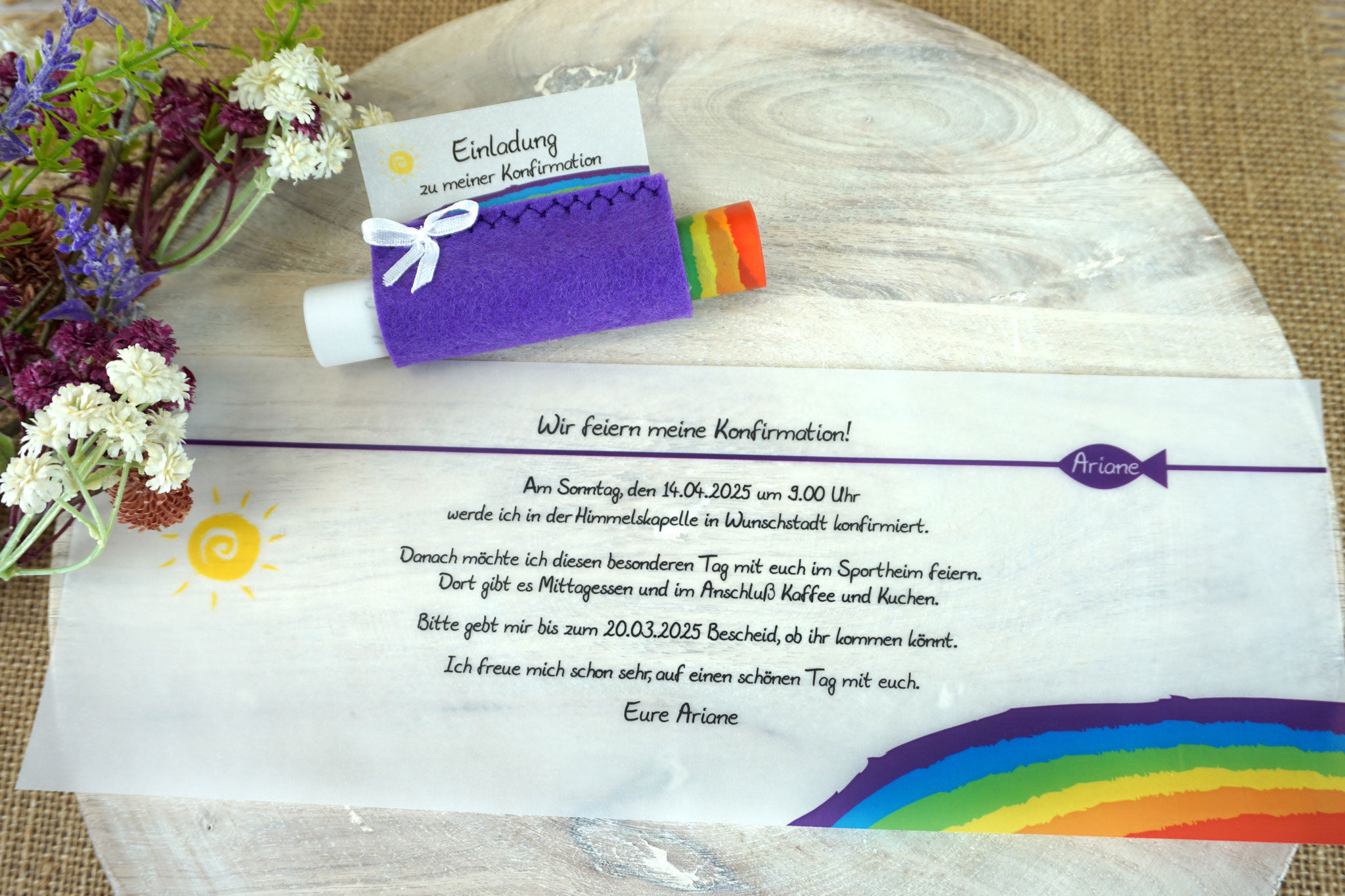 Design Regenbogen - Filz Lila - mit Schleife - Beispiel Innentext