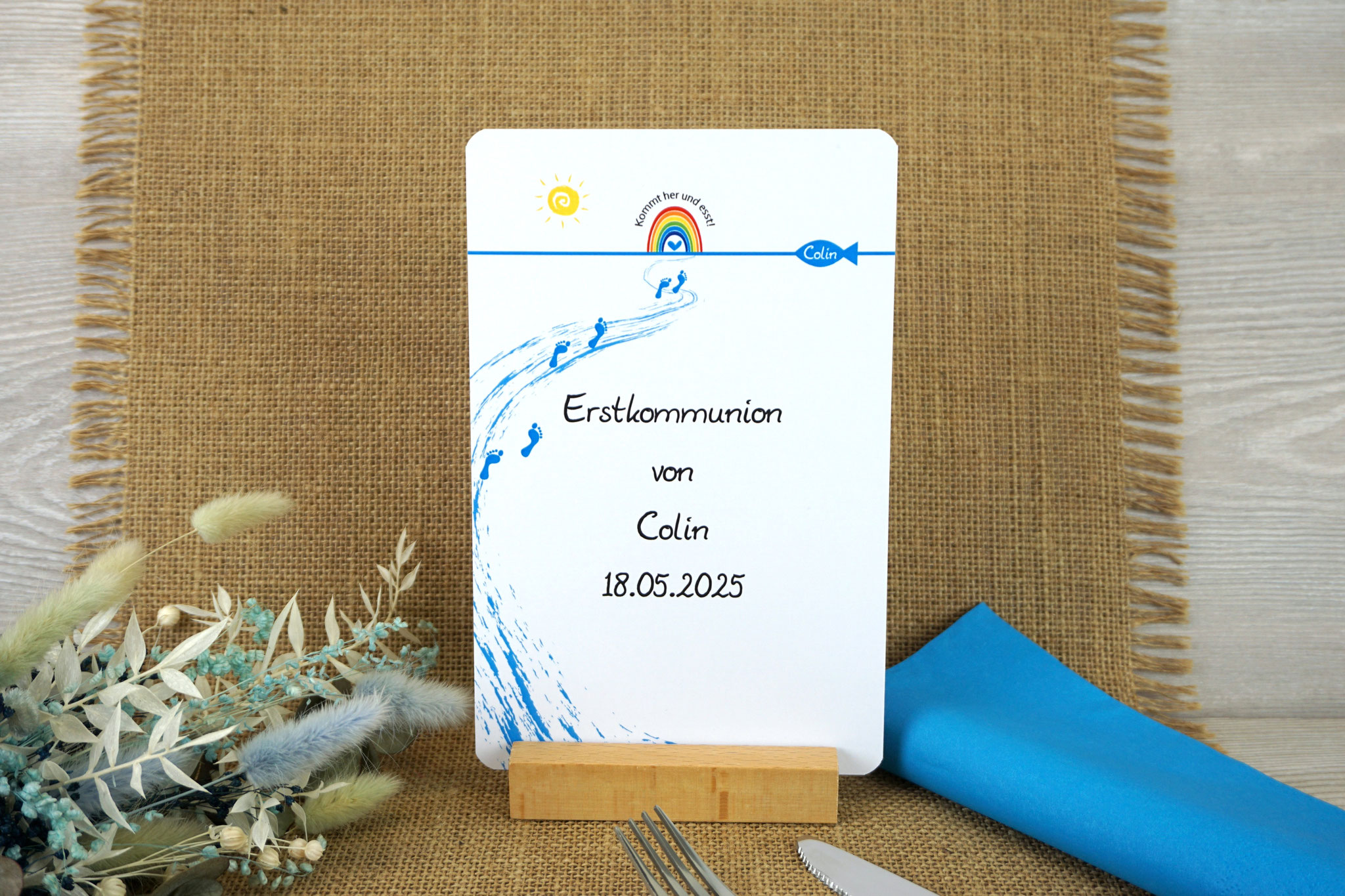 Menükarte/Tischaufsteller runde Ecken - Design Kommt her und esst/Regenbogen - Blau
