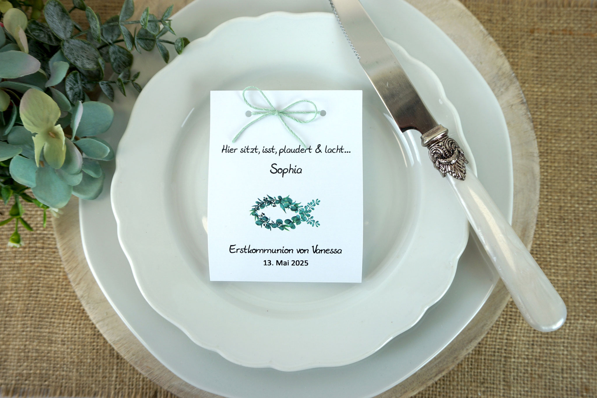 Fruchtgummikarte Design Eukalyptus-Fisch - Leinenzwirn Salbei