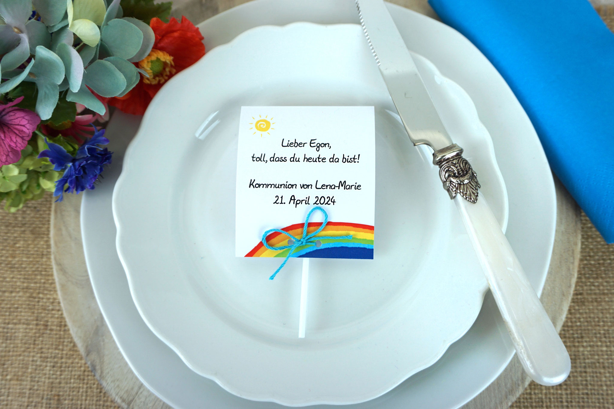 Lutscherkarte als Platzkarte, Design Regenbogen Rot/Vögelchen - Leinenzwirn Aqua
