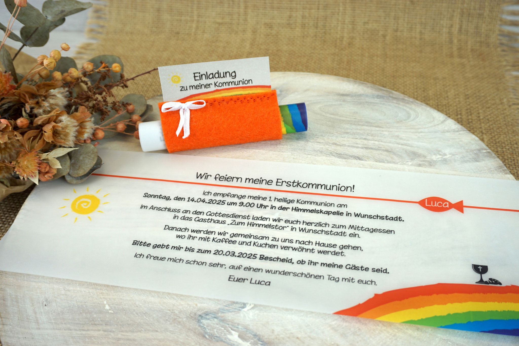 Design Regenbogen mit Kelch/Brot - Filz Orange - mit Schleife - Beispiel Innentext