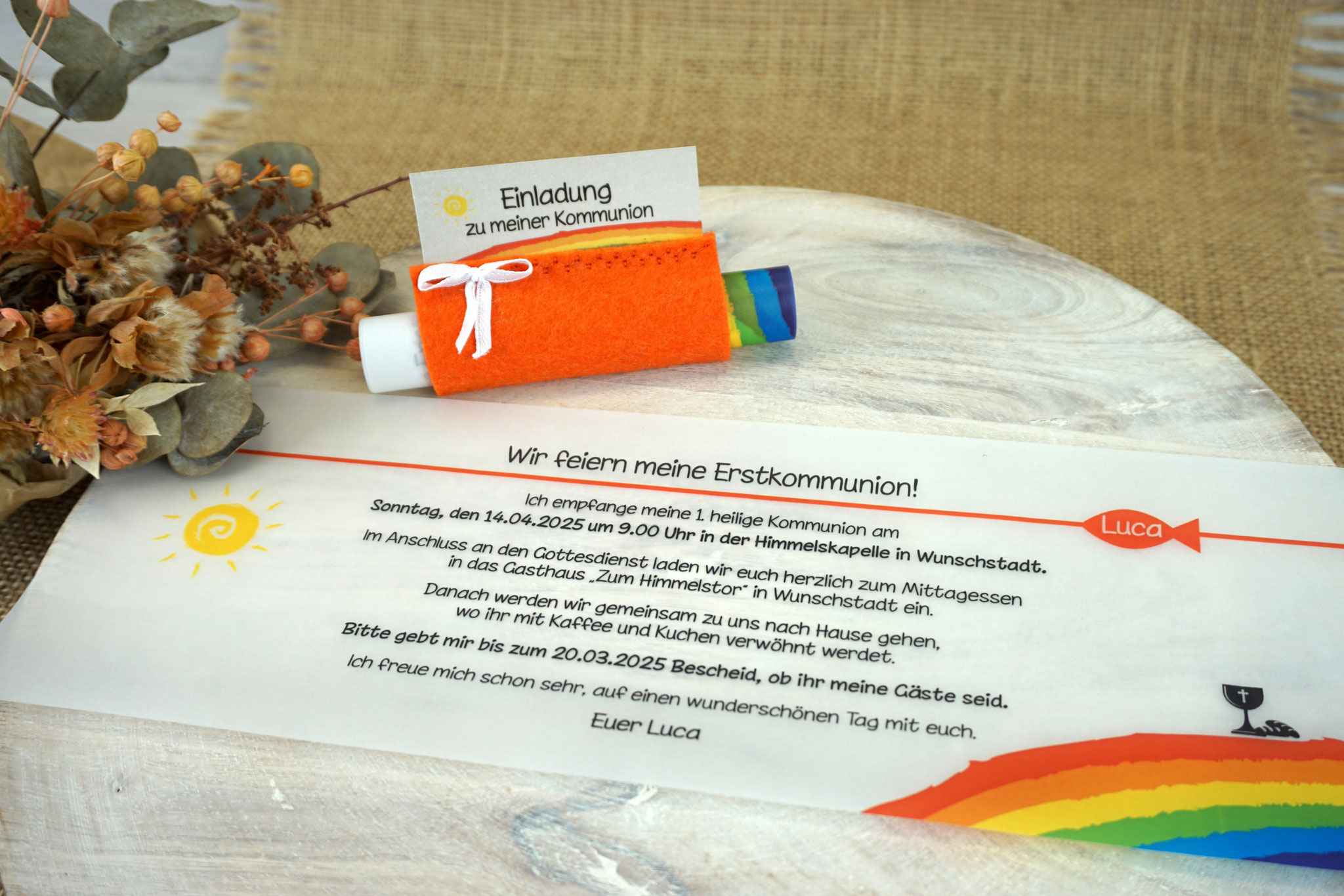 Design Regenbogen mit Kelch/Brot - Filz Orange - mit Schleife - Beispiel Innentext