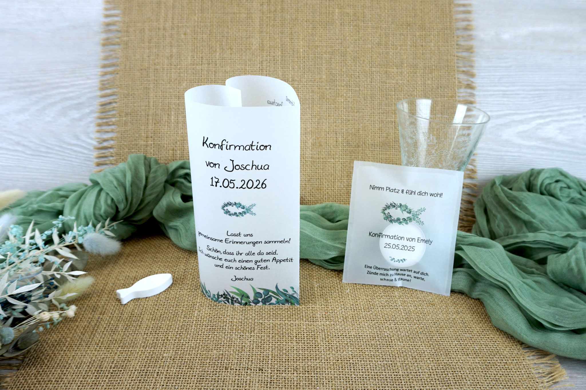 Menükarte/Lichthülle 17cm & Teelicht-Botschaft - Design Eukalyptus/Fisch