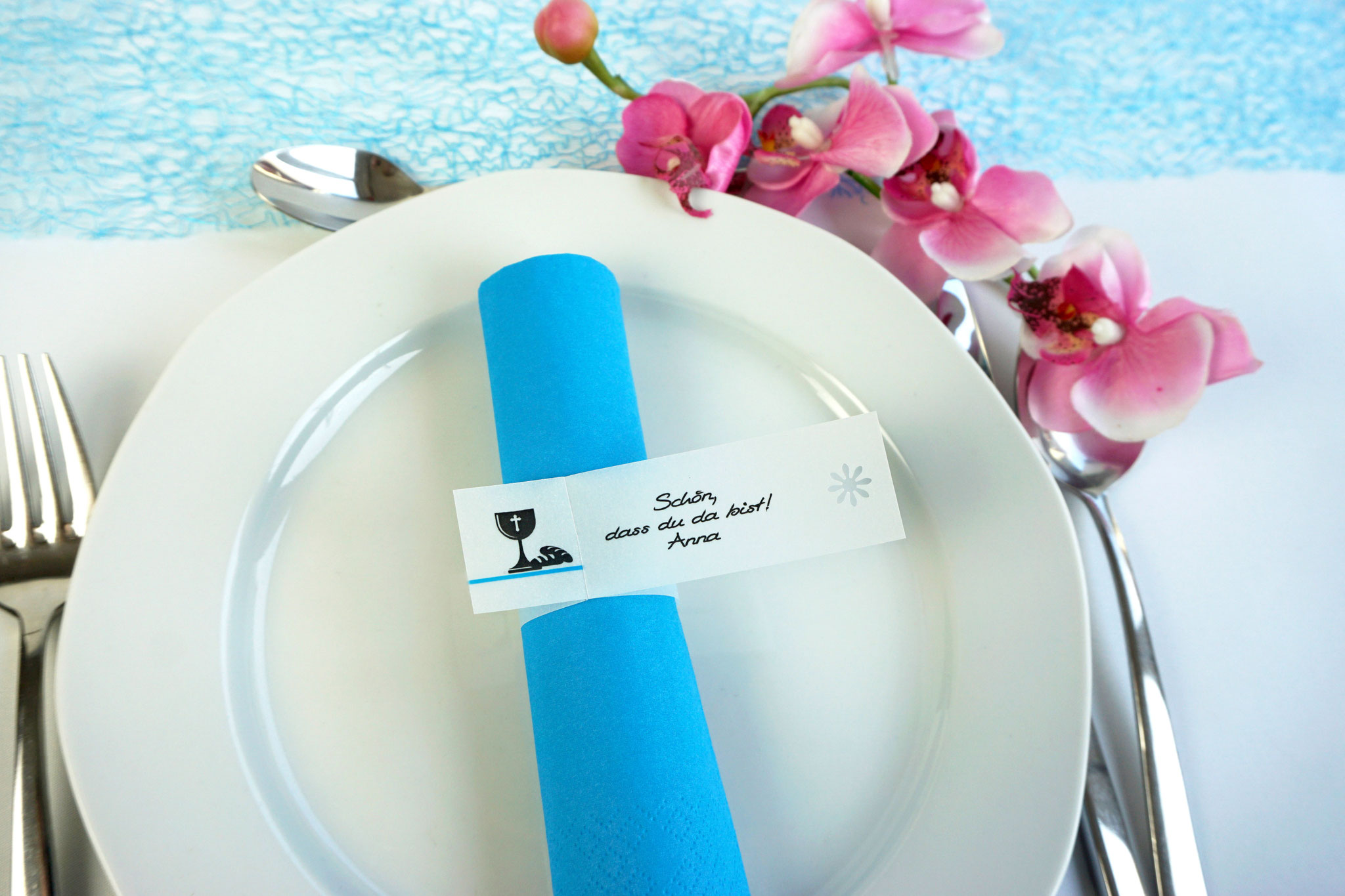 Serviettenring Design Kelch/Brot, Farbe Aqua, Randabschluss Blümchen