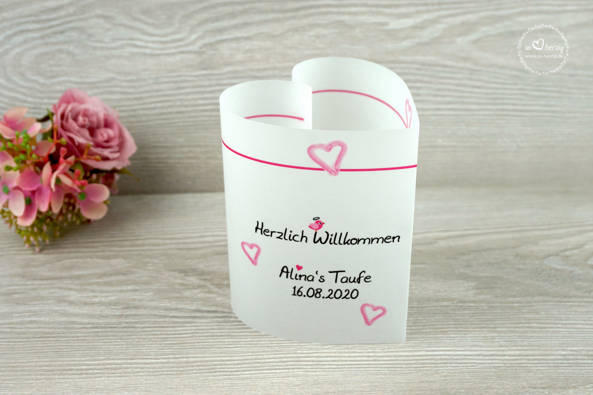 Menükarte als Lichthülle 10,5cm, Design Aquarellherz, Farbe Pink