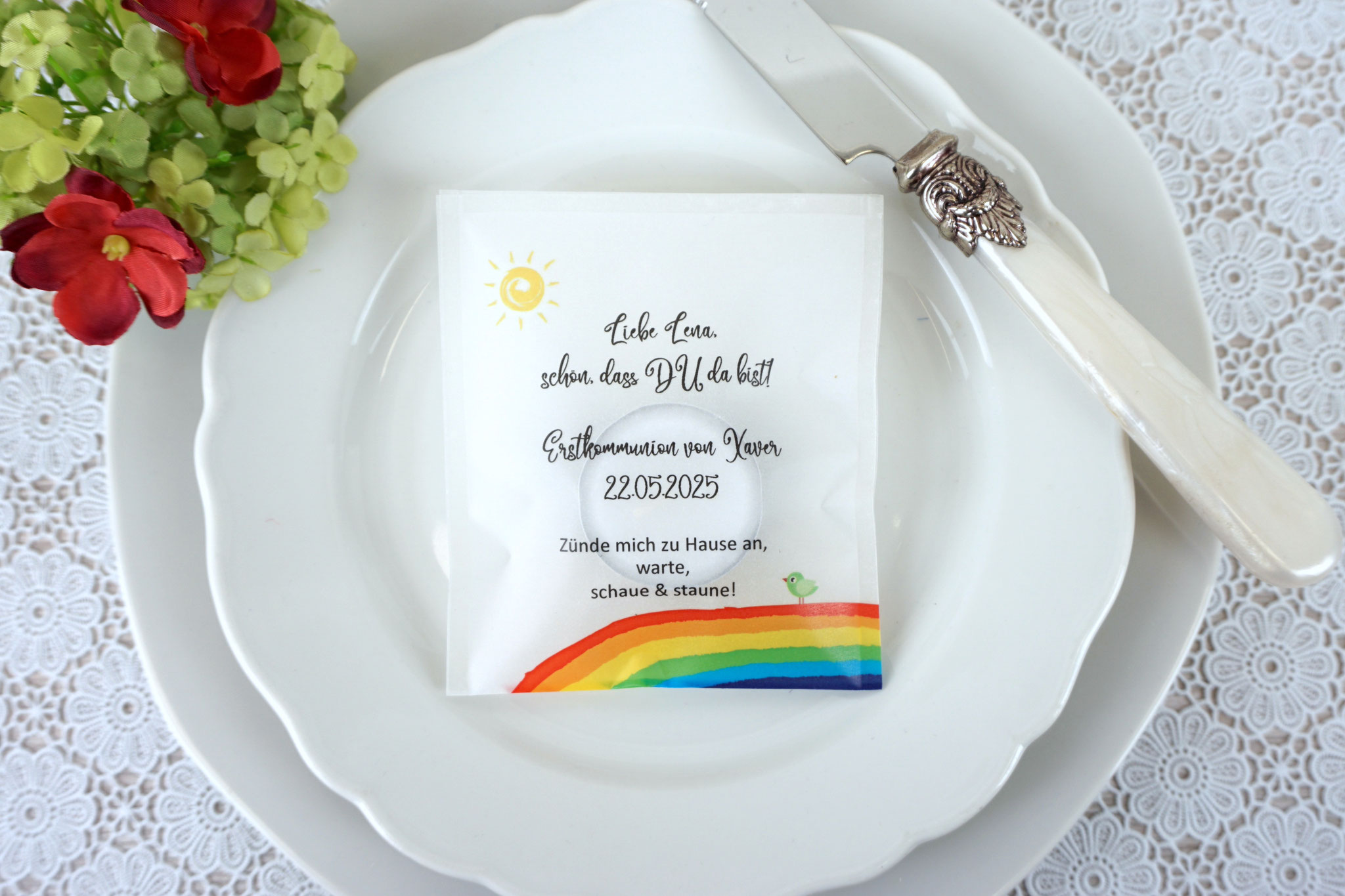 Lichtbotschaft Design: Regenbogen Rot mit Vögelchen