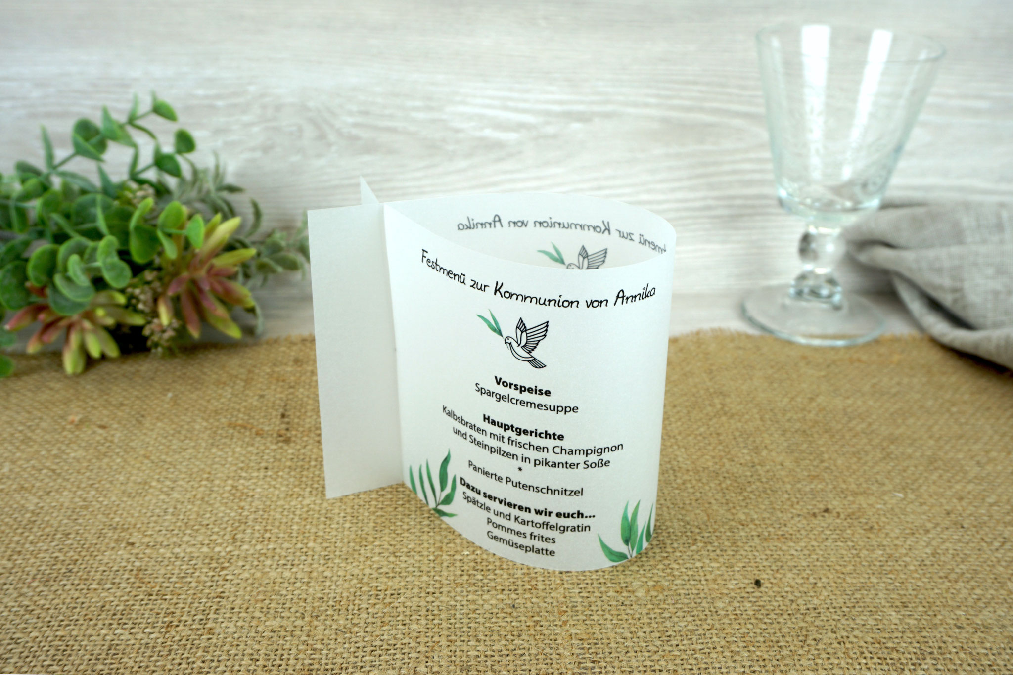 Menükarte Fischform 10,5cm, Design Taube/Eukalyptus