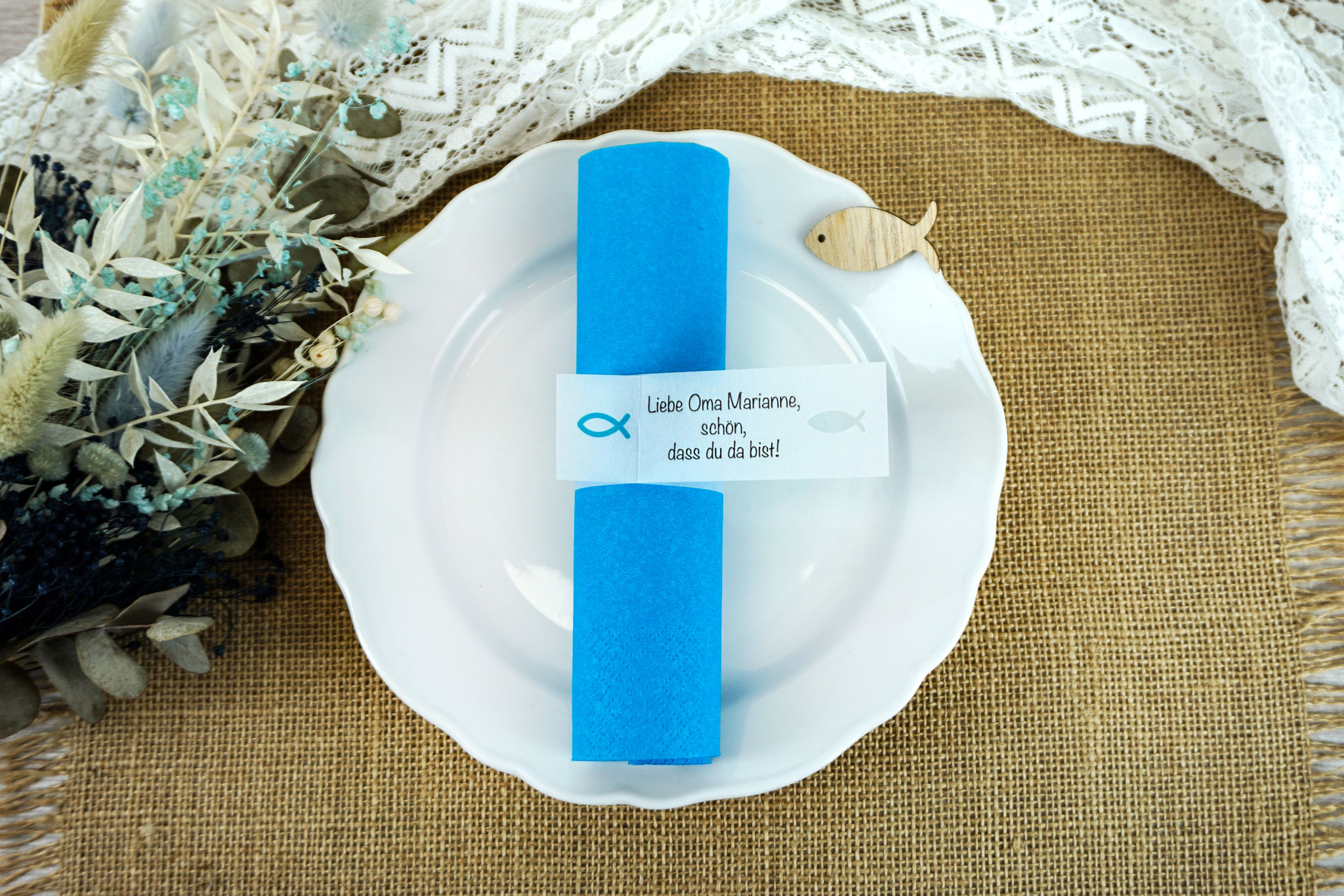 Serviettenring Design Fisch Silhouette, Farbe Blau, Randabschluss Fisch