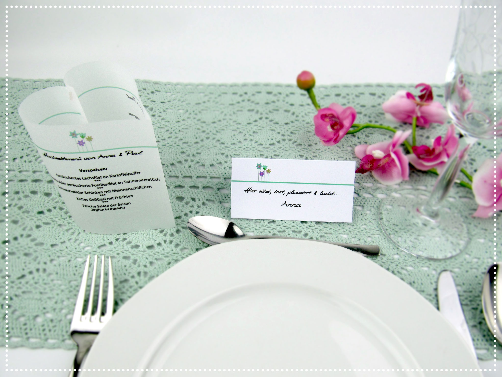 Menükarte & Tischkarte Blumenwiese, Farbe Mint