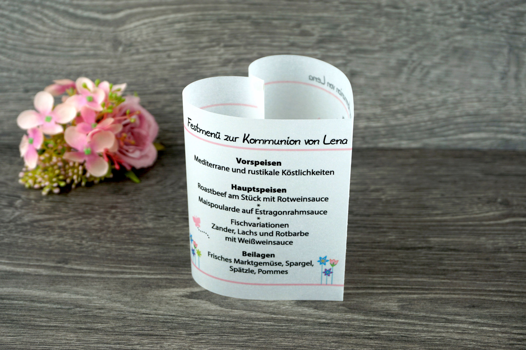 Menükarte Herzform 10,5cm, Design Blumenwiese Rosa