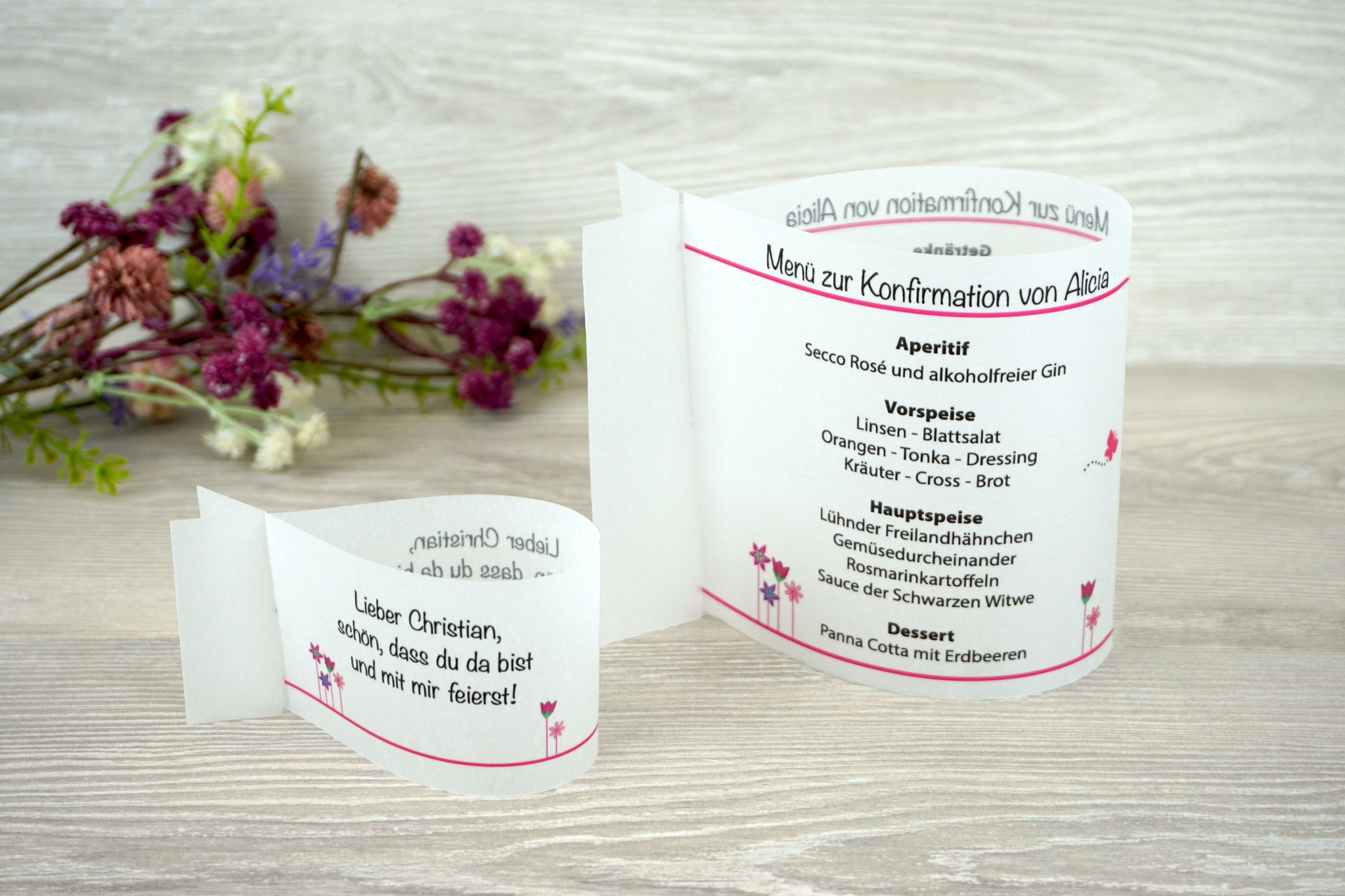 Menükarte Fischform 10,5cm & Platzkarte Design Blumenwiese Pink