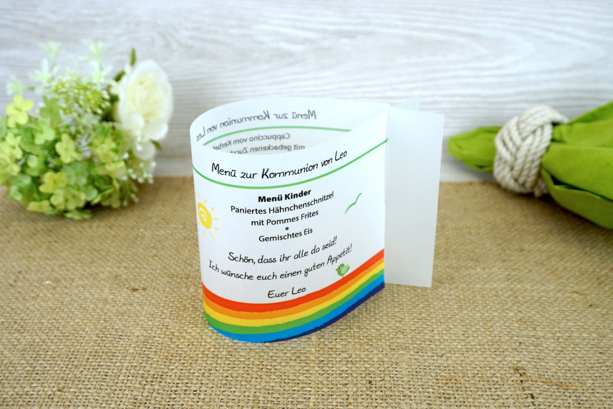 Menükarte Fischform 10,5cm, Design Regenbogen/Vögelchen