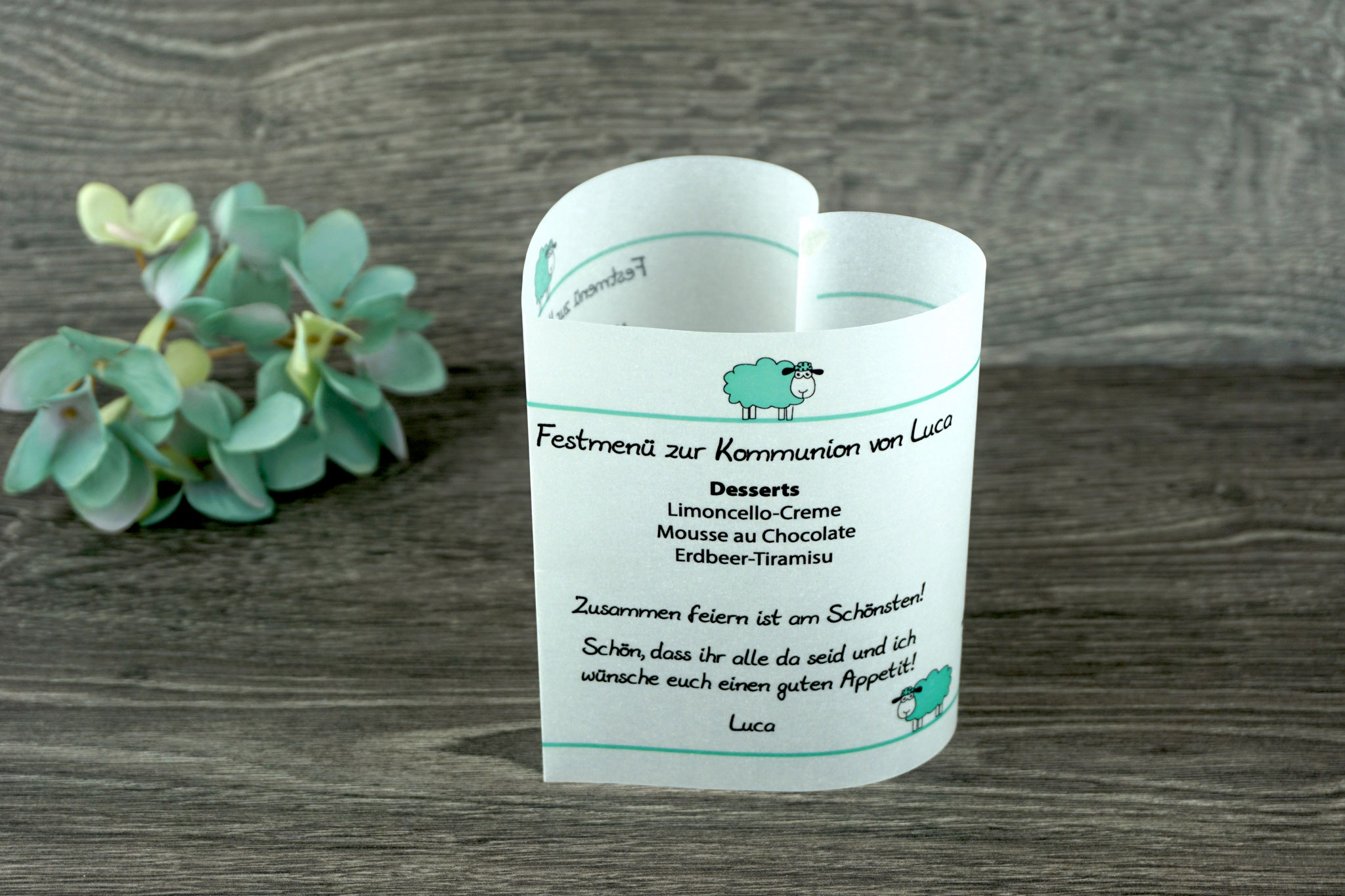 Menükarte Herzform 10,5cm, Design Schafe Mint